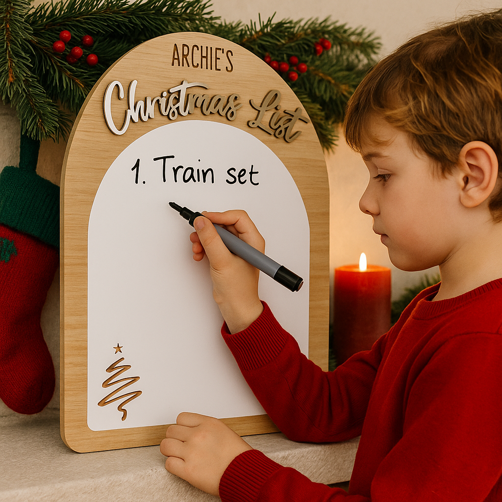 Wooden custom Christmas wishlist sign with white board and engraved name