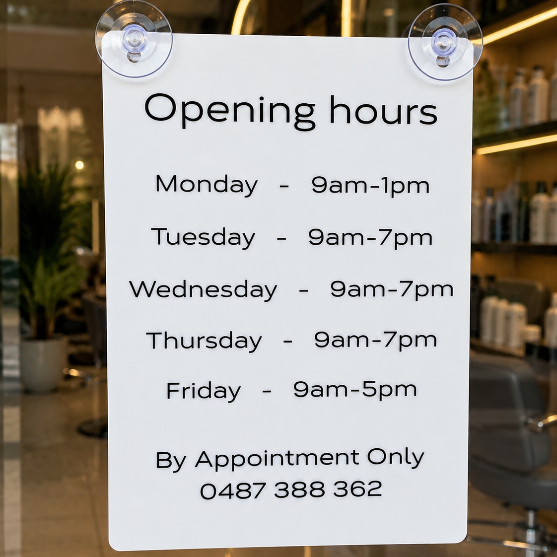 White acrylic opening hours sign with UV printed black text mounted inside a salon window using clear suction cups, custom salon window signage for hairdressers, beauty salons and small businesses in Australia