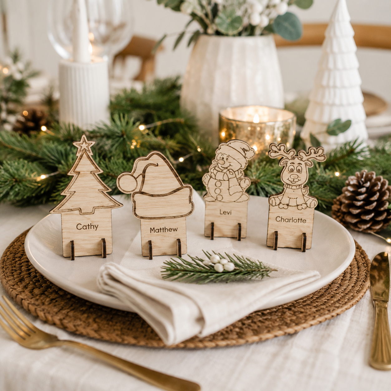 Personalised wooden Christmas place cards engraved with names. Reusable festive table decorations for Christmas lunch. Australia & New Zealand shipping.