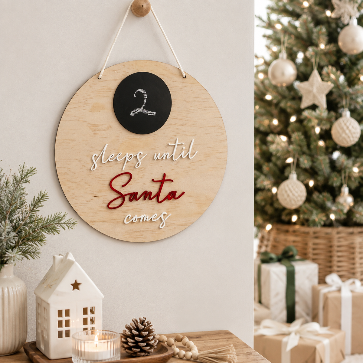 Personalised wooden “Sleeps Until Santa Comes” Christmas countdown plaque hanging in a bright modern home, featuring interchangeable chalkboard countdown numbers, displayed beside a decorated Christmas tree with neutral ornaments, wrapped gifts, candles and festive décor