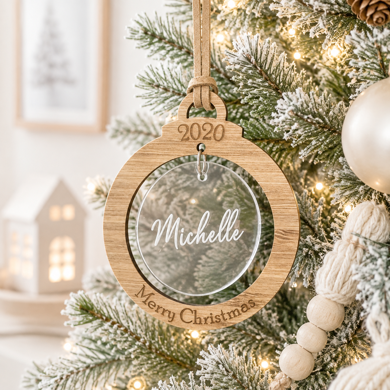 Personalised timber and clear acrylic Christmas bauble with custom name, year and Merry Christmas engraving, modern Christmas tree ornament.