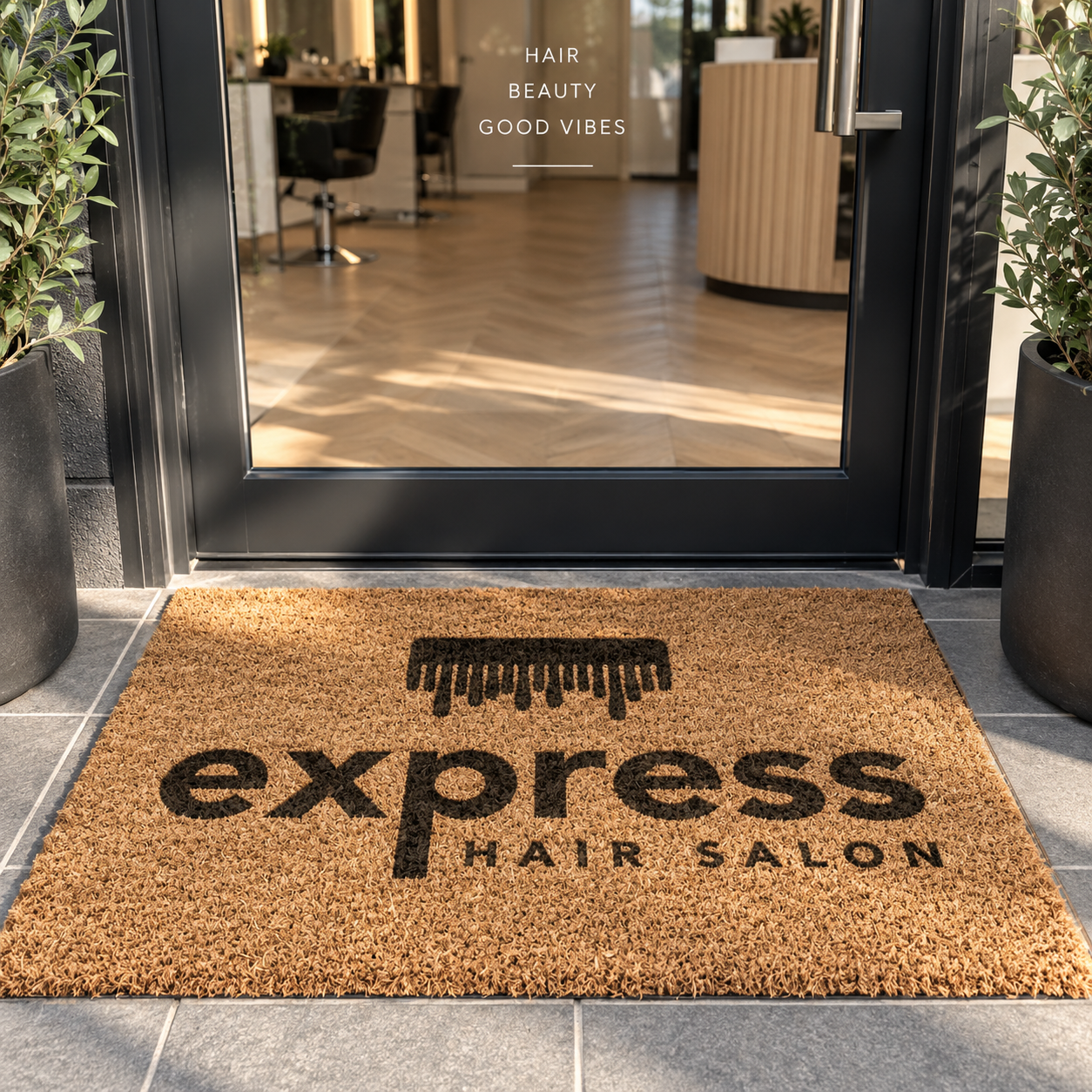 Personalised engraved coir business doormat with Express Hair Salon logo displayed at a modern hair salon entrance.