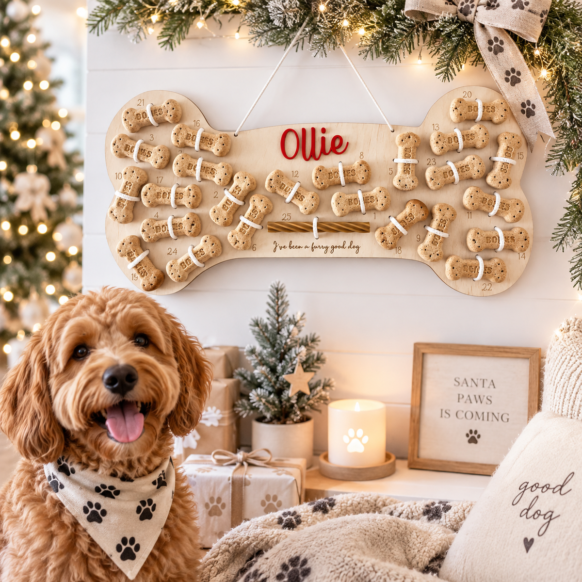 Personalised wooden dog treat Christmas advent calendar with the name Ollie, displayed in a bright modern festive setting with a dog and Christmas decorations.