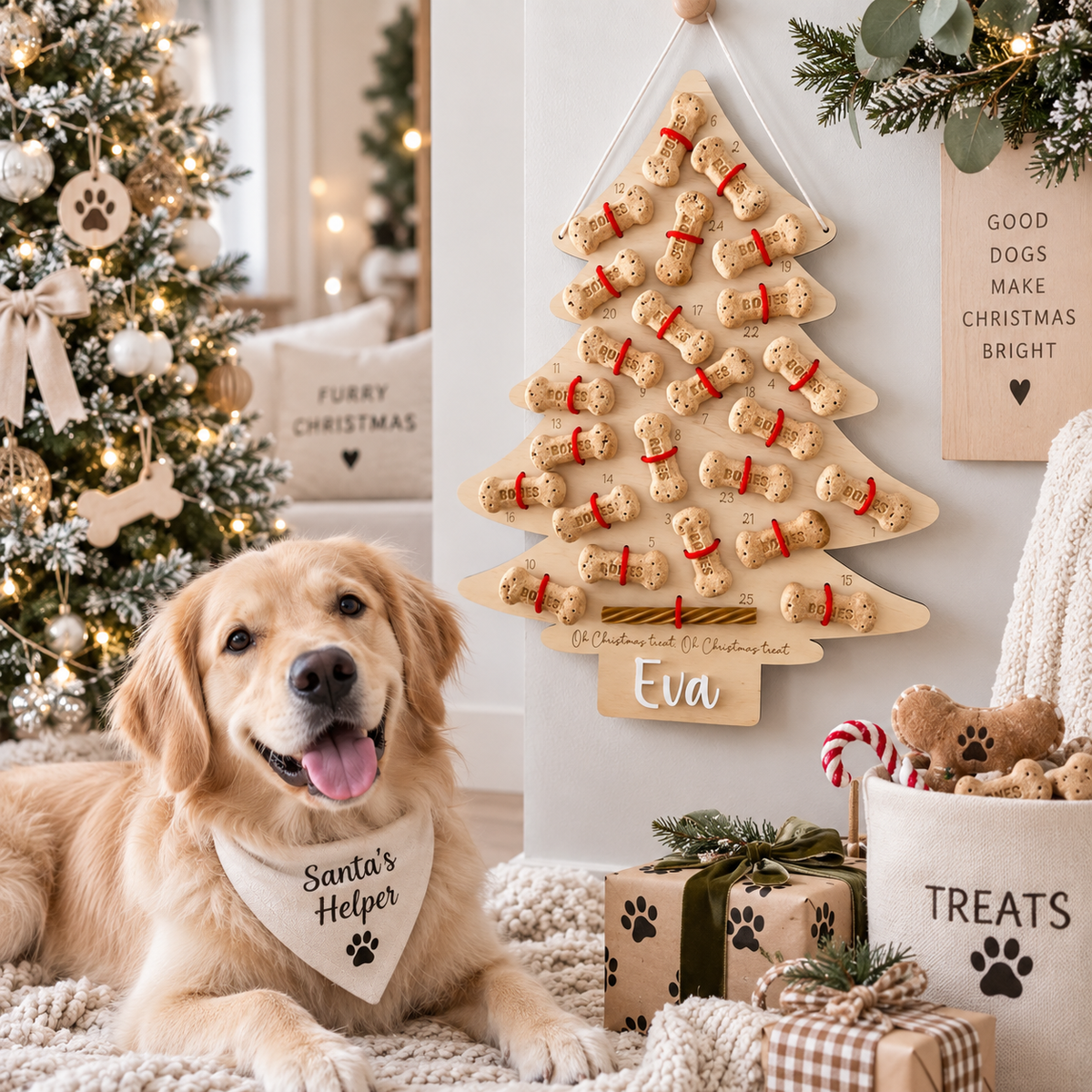 Personalised wooden dog treat Christmas advent calendar with the name Eva, displayed in a bright modern Christmas setting with a Golden Retriever and festive decorations.