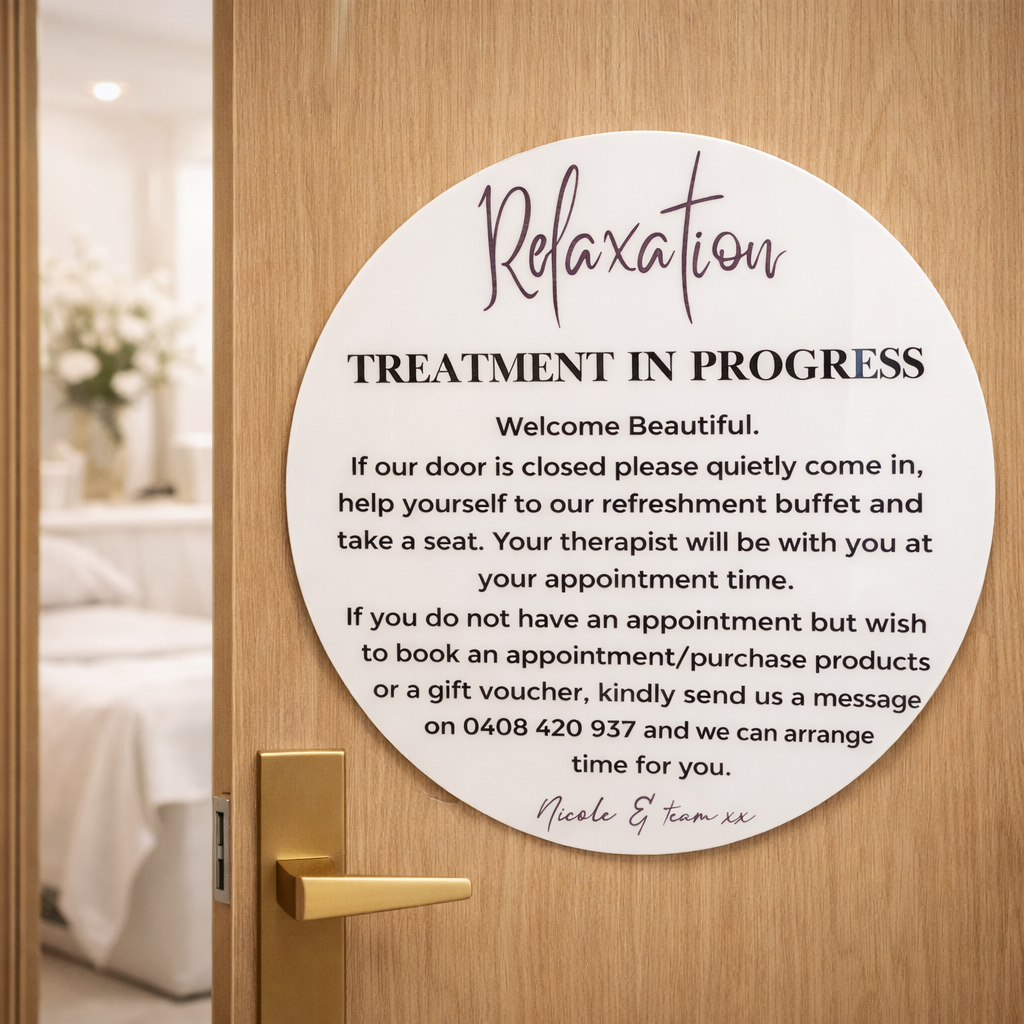 Circular treatment in progress sign mounted on salon door, relaxation spa signage for beauty clinic rooms
