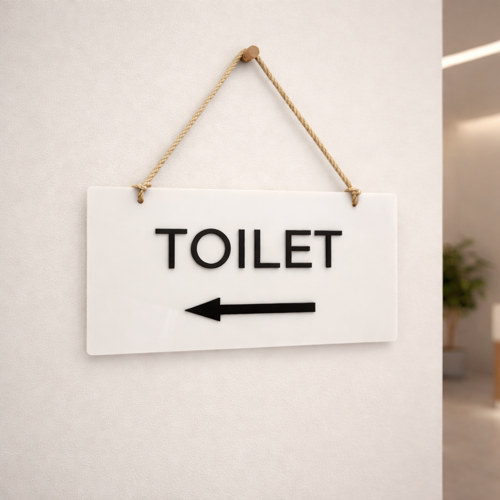 White acrylic toilet sign hanging by rope on wall, modern salon and clinic bathroom signage