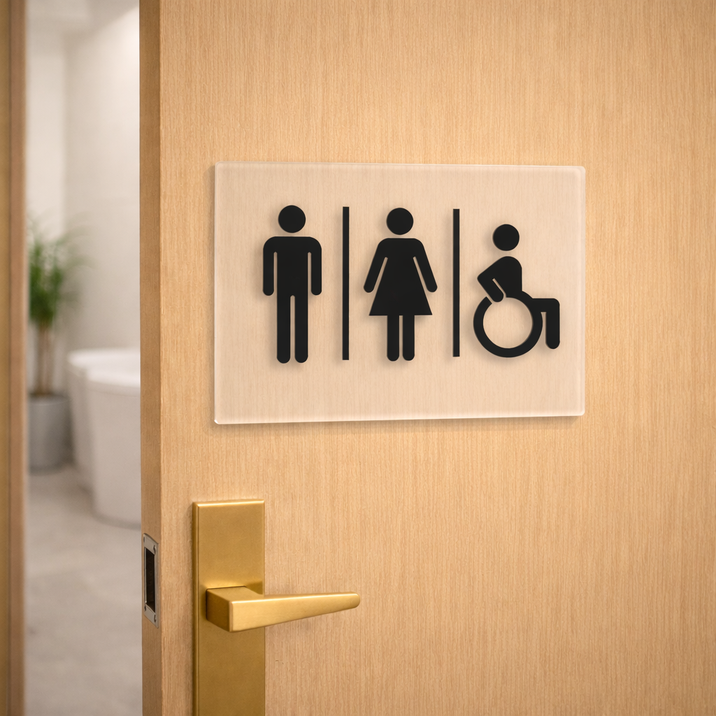 Clear square toilet sign with male female and wheelchair icons on wooden door, accessible bathroom signage