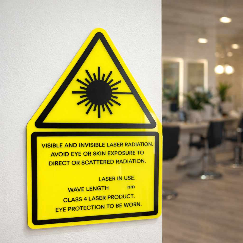 Laser radiation warning sign mounted inside salon treatment room, yellow acrylic class 4 laser safety sign for beauty clinic, internal laser in use signage for aesthetic and cosmetic salons Australia.