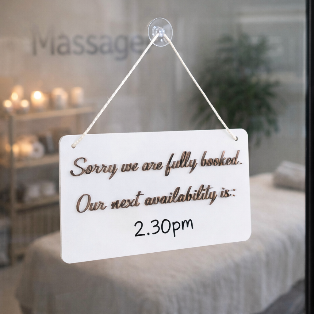Sorry we are fully booked sign hanging on massage clinic door, white acrylic appointment availability sign