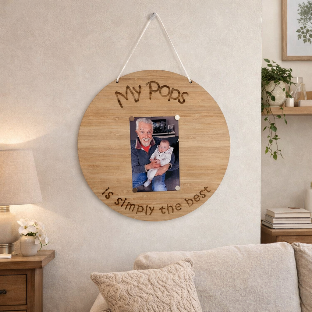 Personalised bamboo photo plaque hanging on wall, Father’s Day gift for pops with engraved message and photo