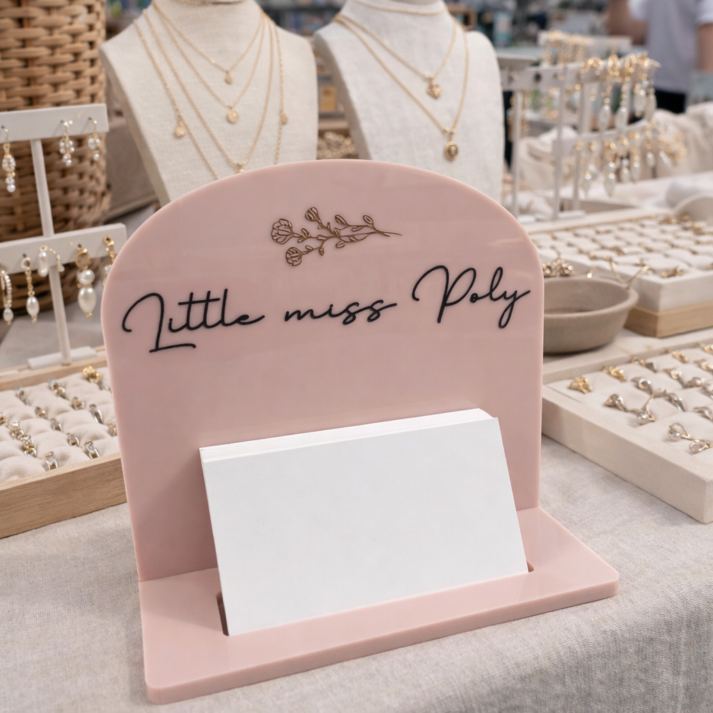 Custom pink acrylic market jewellery stand with business card holder displayed at a clay jewellery stall, featuring Little Miss Poly branding surrounded by colourful handmade clay earrings and necklaces