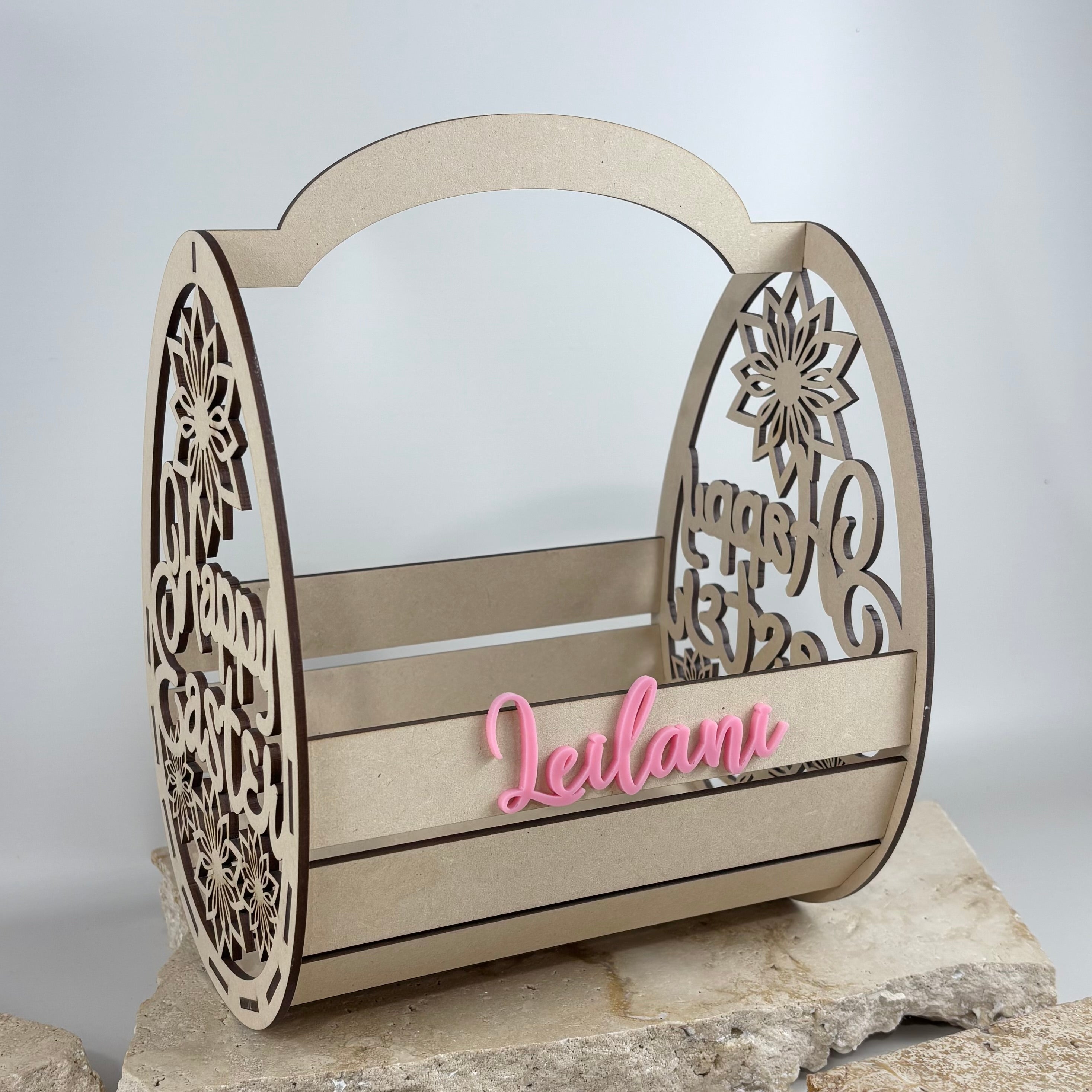 Personalised Easter basket with name Leilani, laser cut MDF Easter crate with floral side panels, custom kids Easter basket Australia, wooden Easter hamper with handle, reusable Easter egg hunt basket, neutral aesthetic Easter decor, custom name Easter gift basket for children