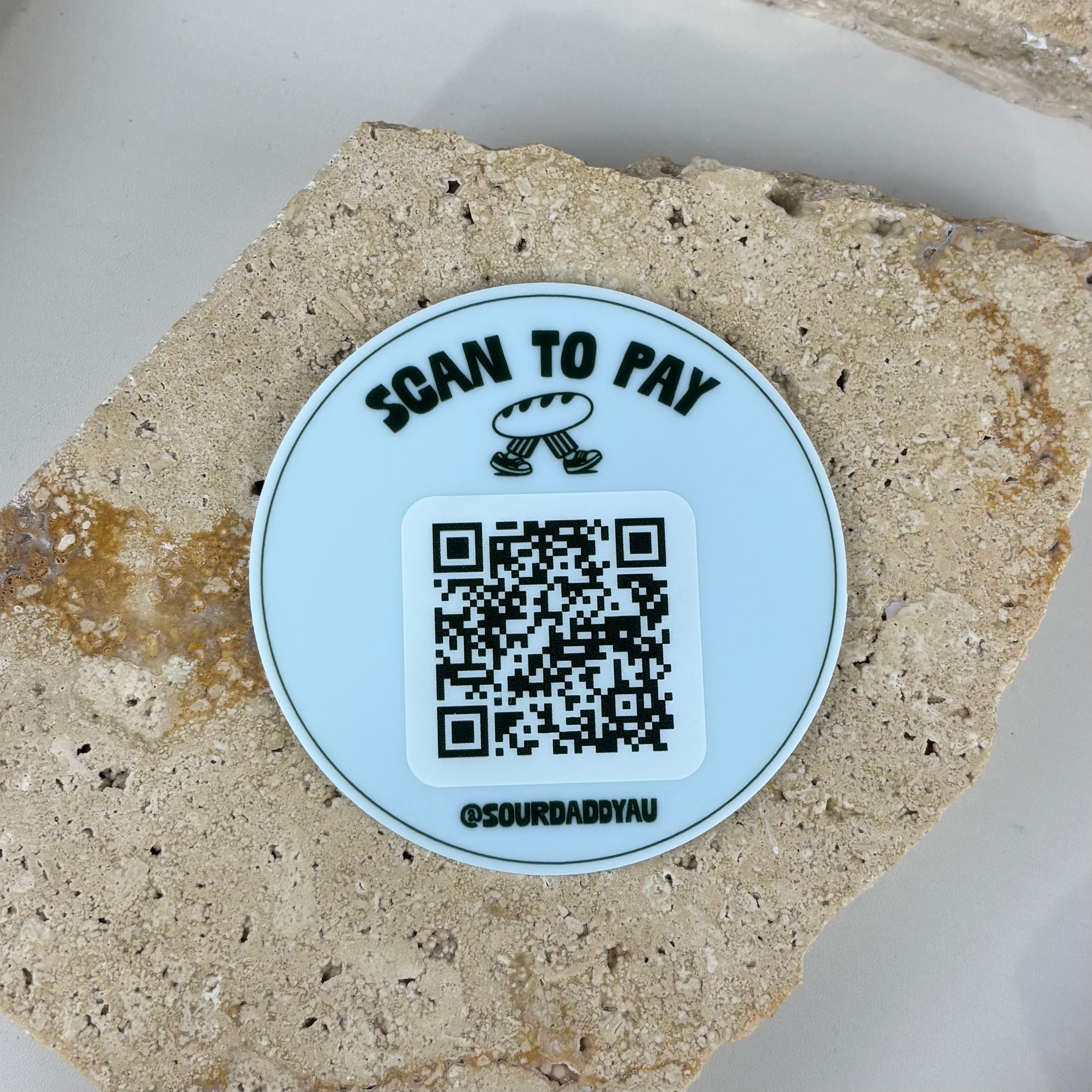 Custom acrylic QR code payment sign, “scan to pay” round business sign, contactless payment display for small business Australia, QR payment sign for markets cafes and food vendors, branded payment sign with Instagram handle, modern acrylic POS signage for easy mobile payments