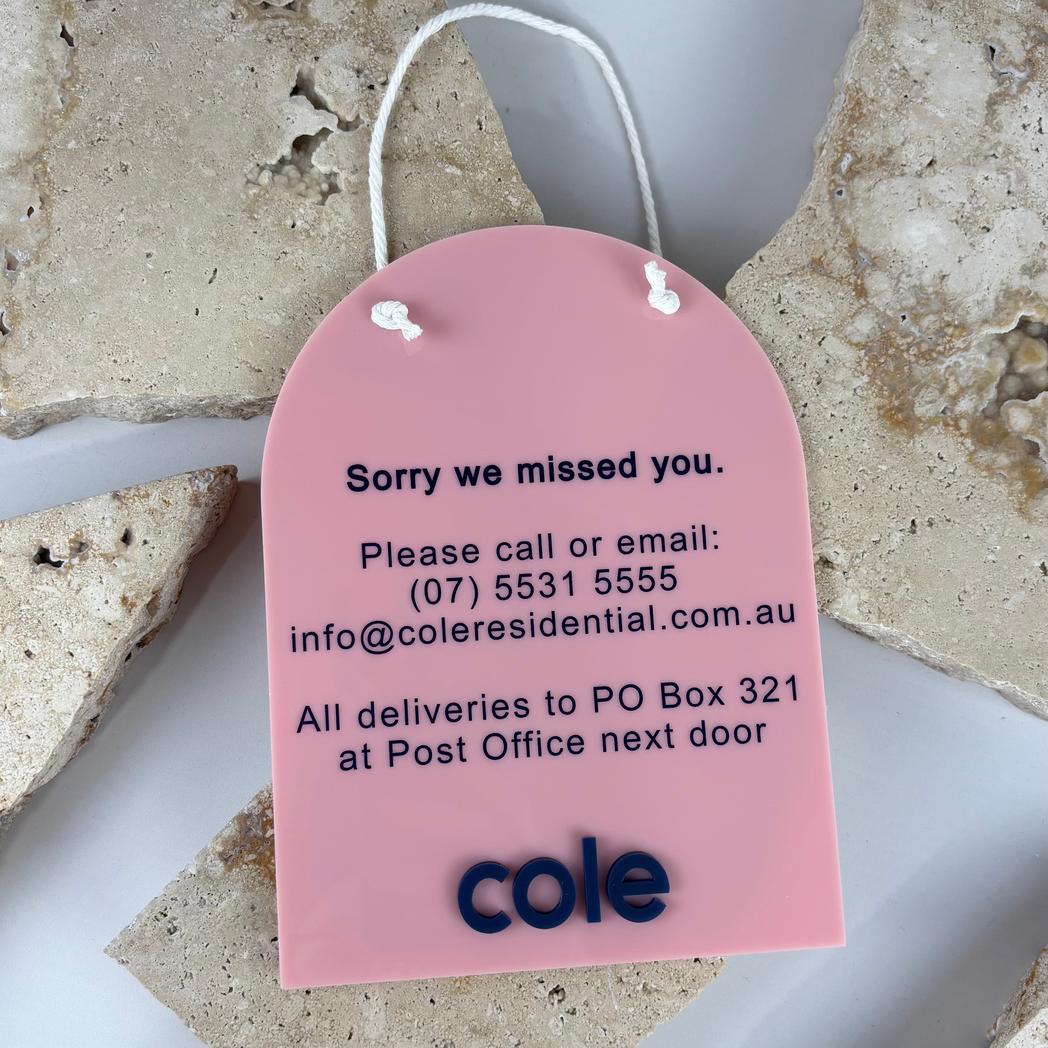 custom business door hanger sign australia with contact details, acrylic sorry we missed you sign with phone email and delivery instructions, personalised office door signage