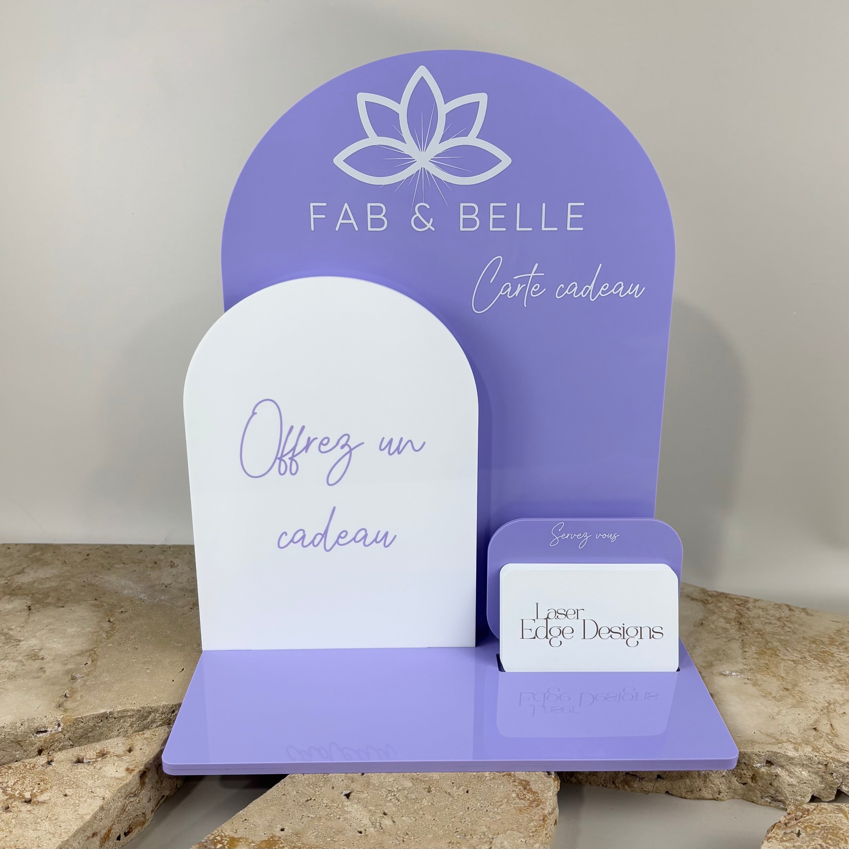 Custom acrylic gift card display stand in pastel purple and white, arched business signage with card holder, UV printed logo “Fab & Belle”, salon retail counter display, modern curved acrylic POS stand Australia