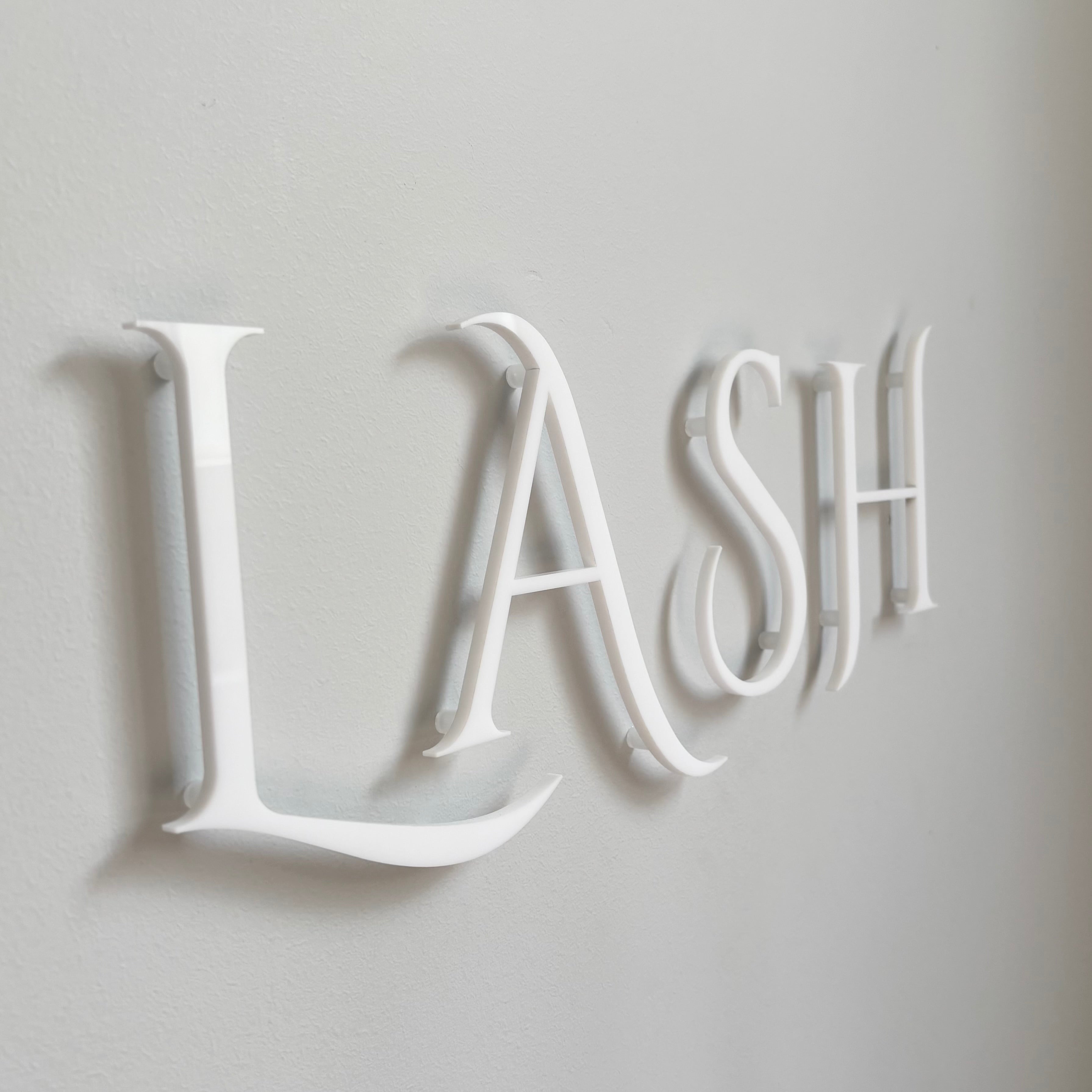 white floating 3D acrylic lettering sign raised wall letters elegant minimalist salon signage Australia