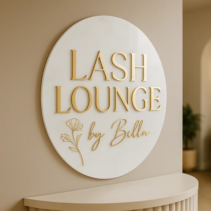 Round sign with 'Lash Lounge by Bella' on a beige wall.
