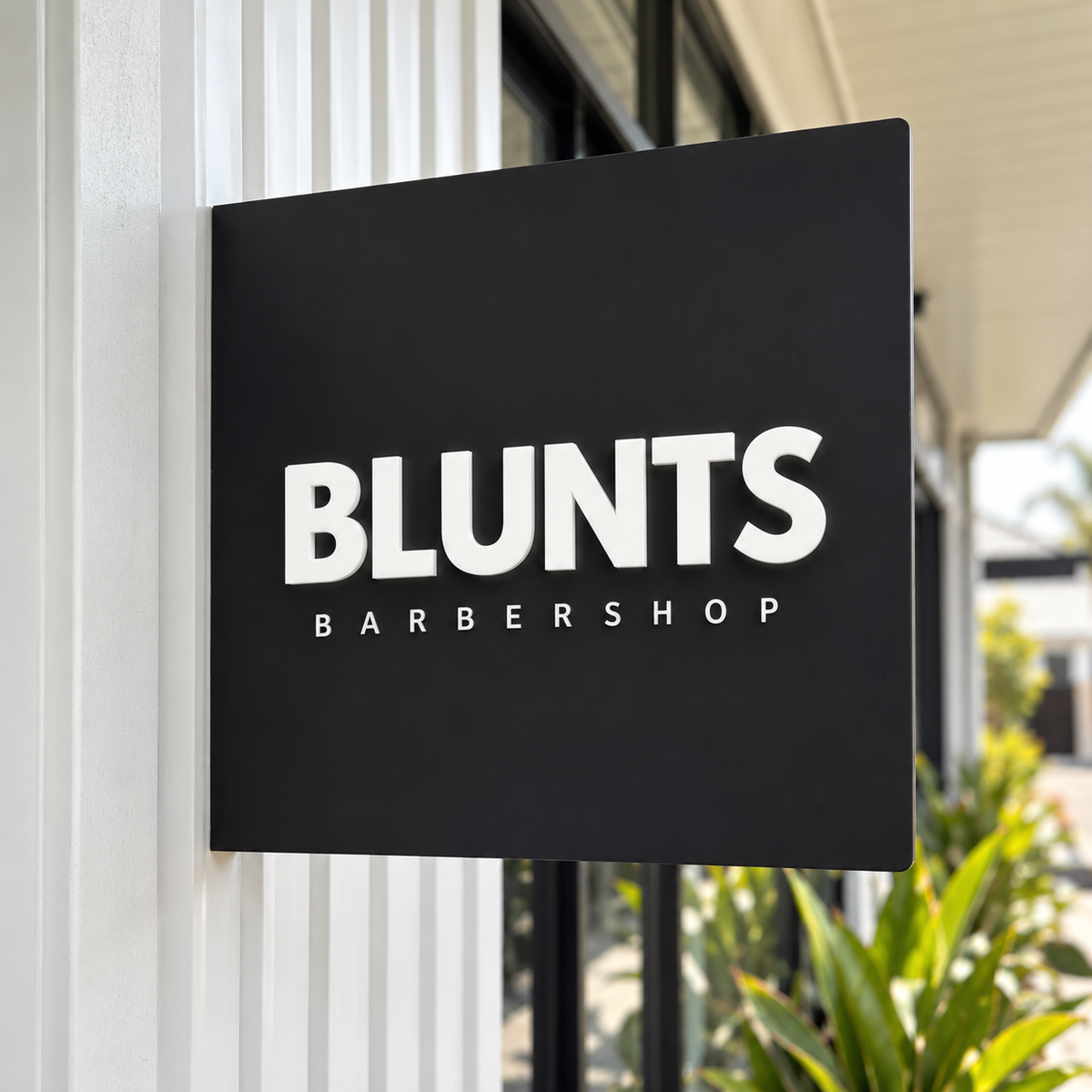 Custom black blade sign with white 3D acrylic lettering for Blunts Barbershop, mounted outside a modern barber shop.