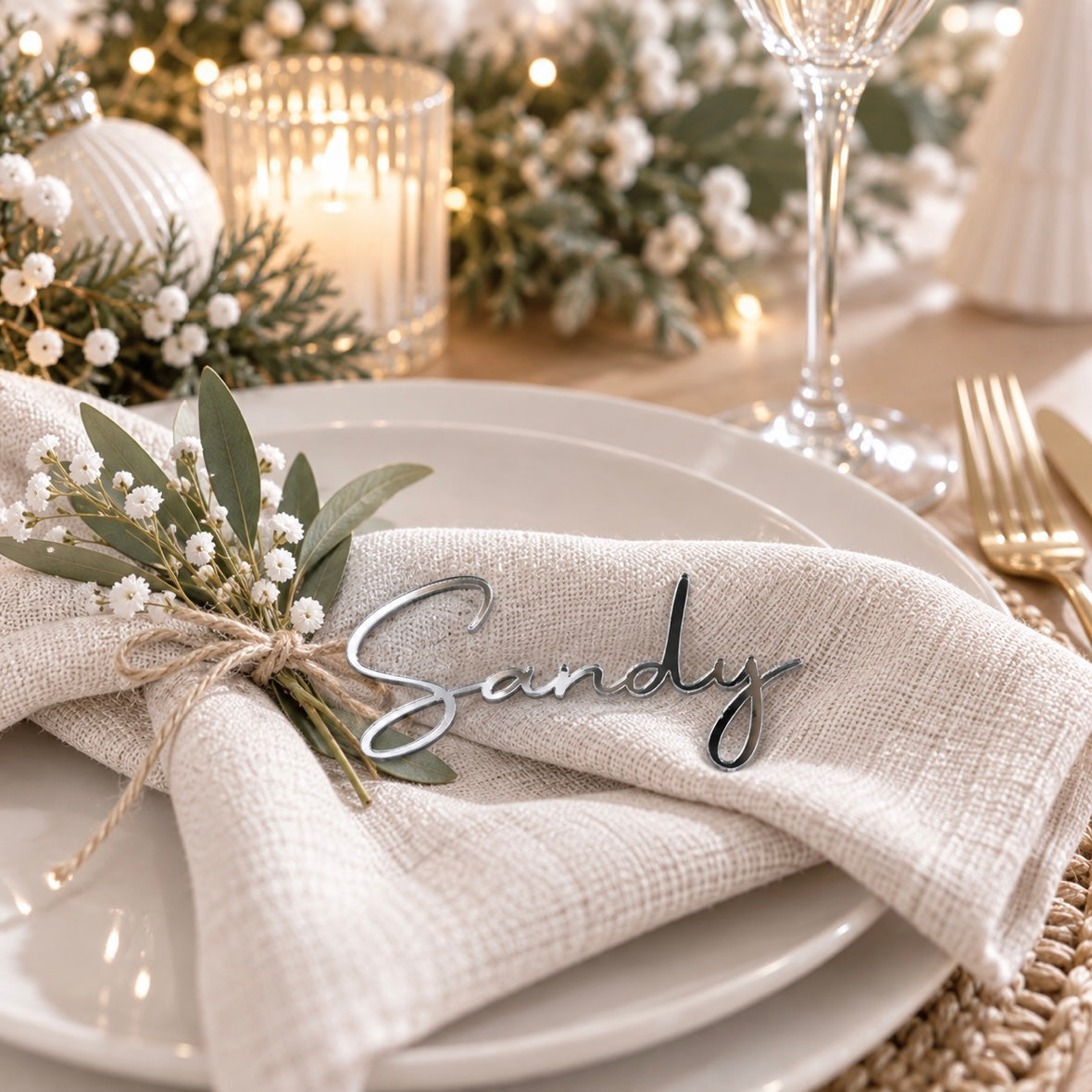 Mirror acrylic personalised name place card displayed on an elegant light and bright table setting with neutral linen, greenery and festive décor.