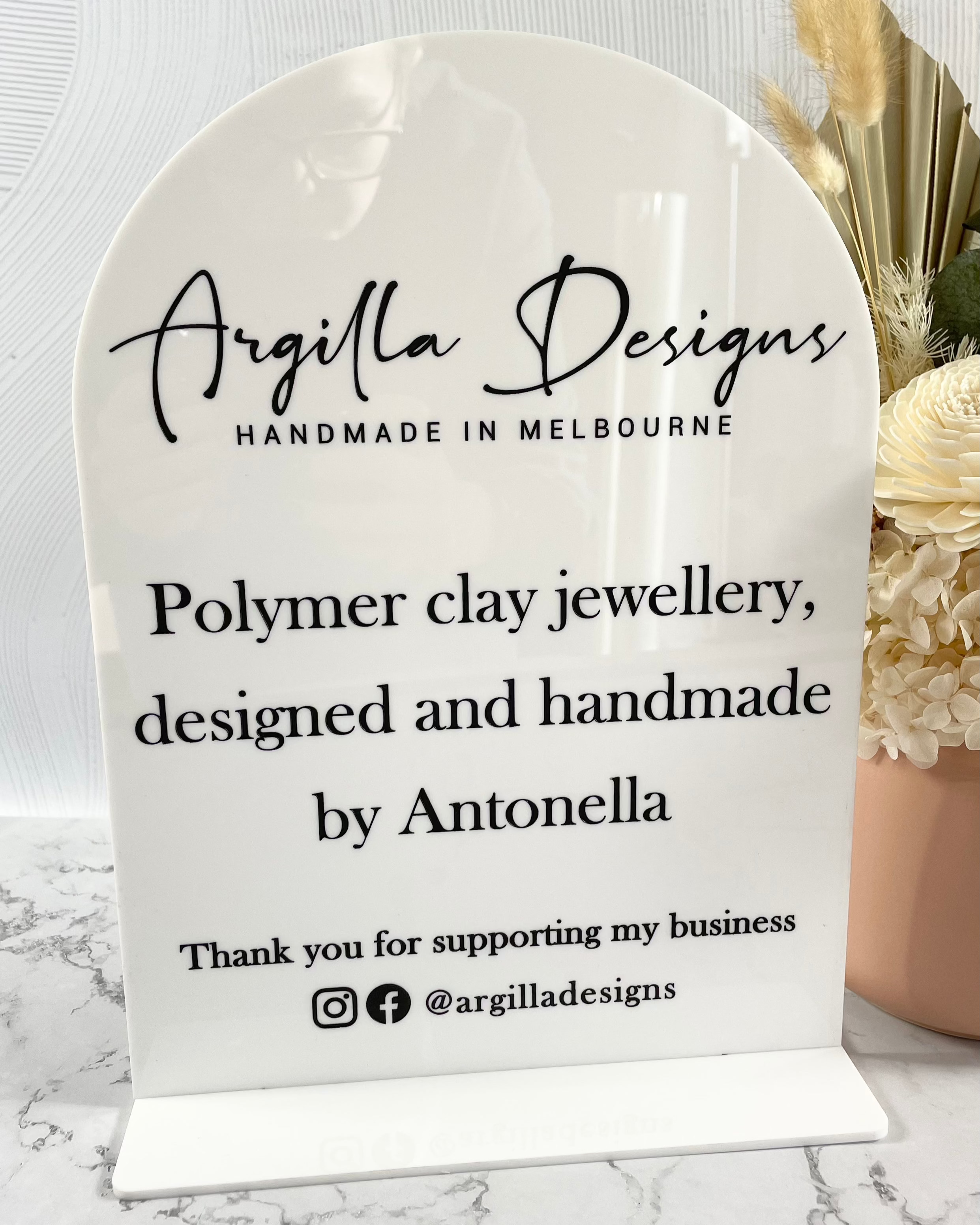 Acrylic product info sign for handmade jewellery business