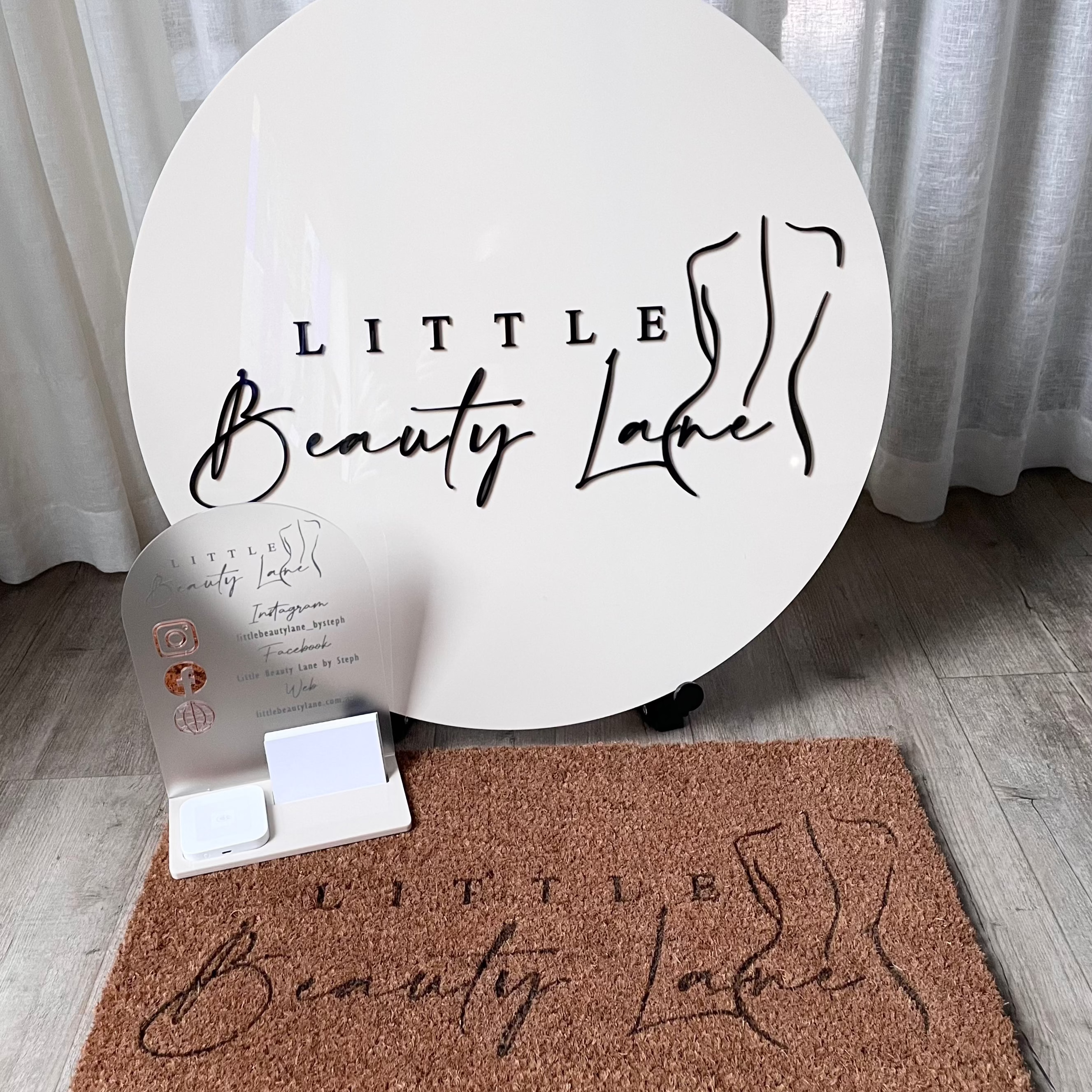 Little Beauty Lab salon signage package with social stand and doormat
