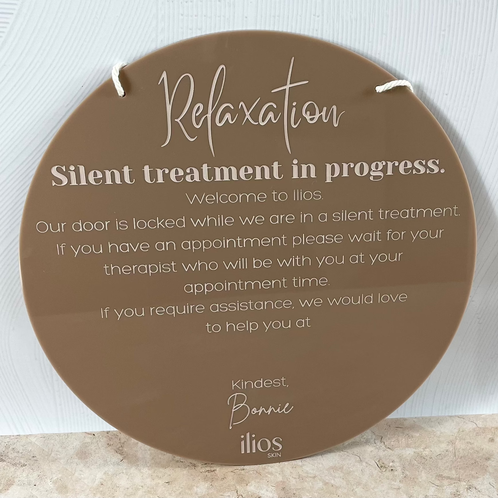Silent treatment in progress spa sign in dark brown acrylic