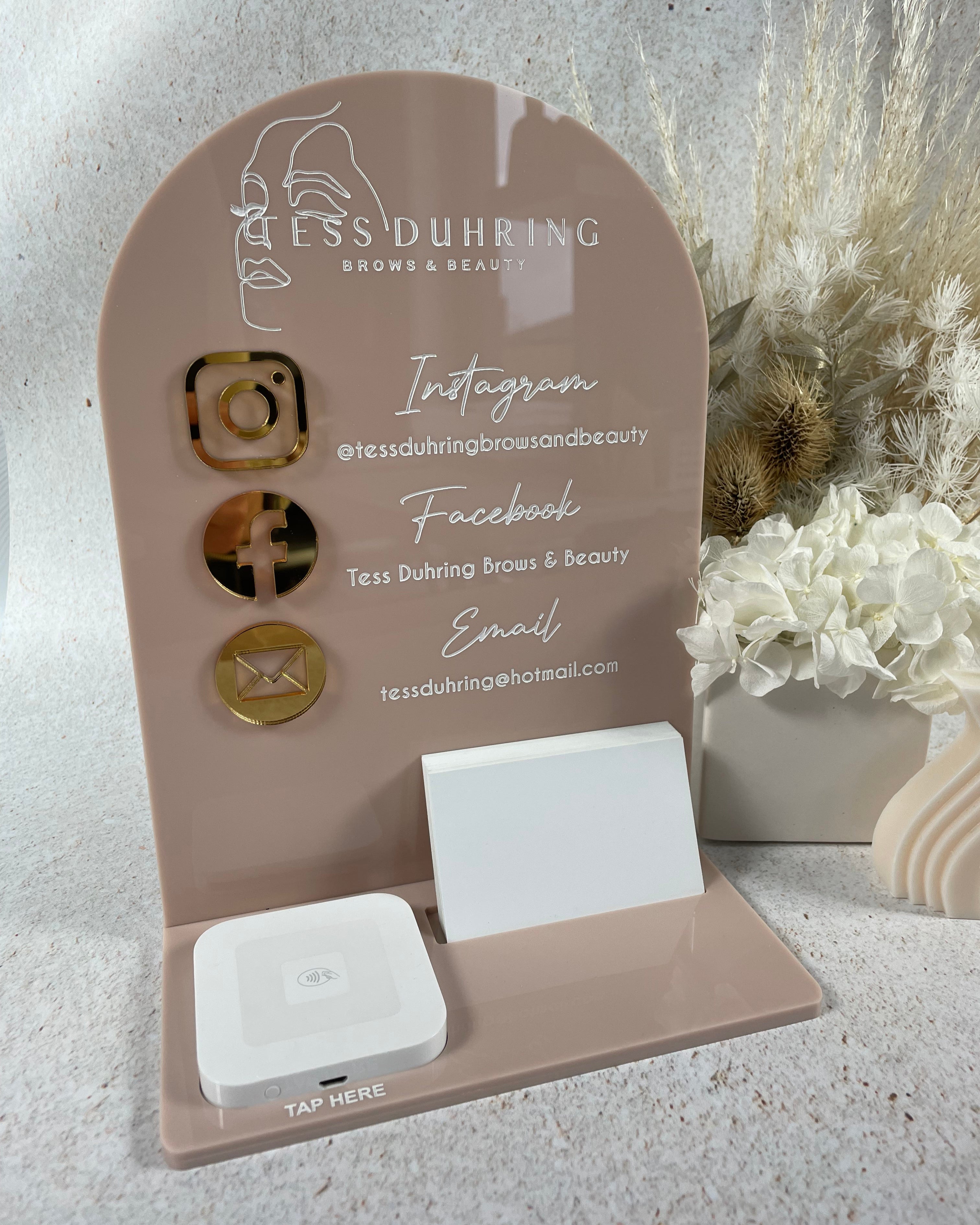 Brown acrylic card holder stand with social media