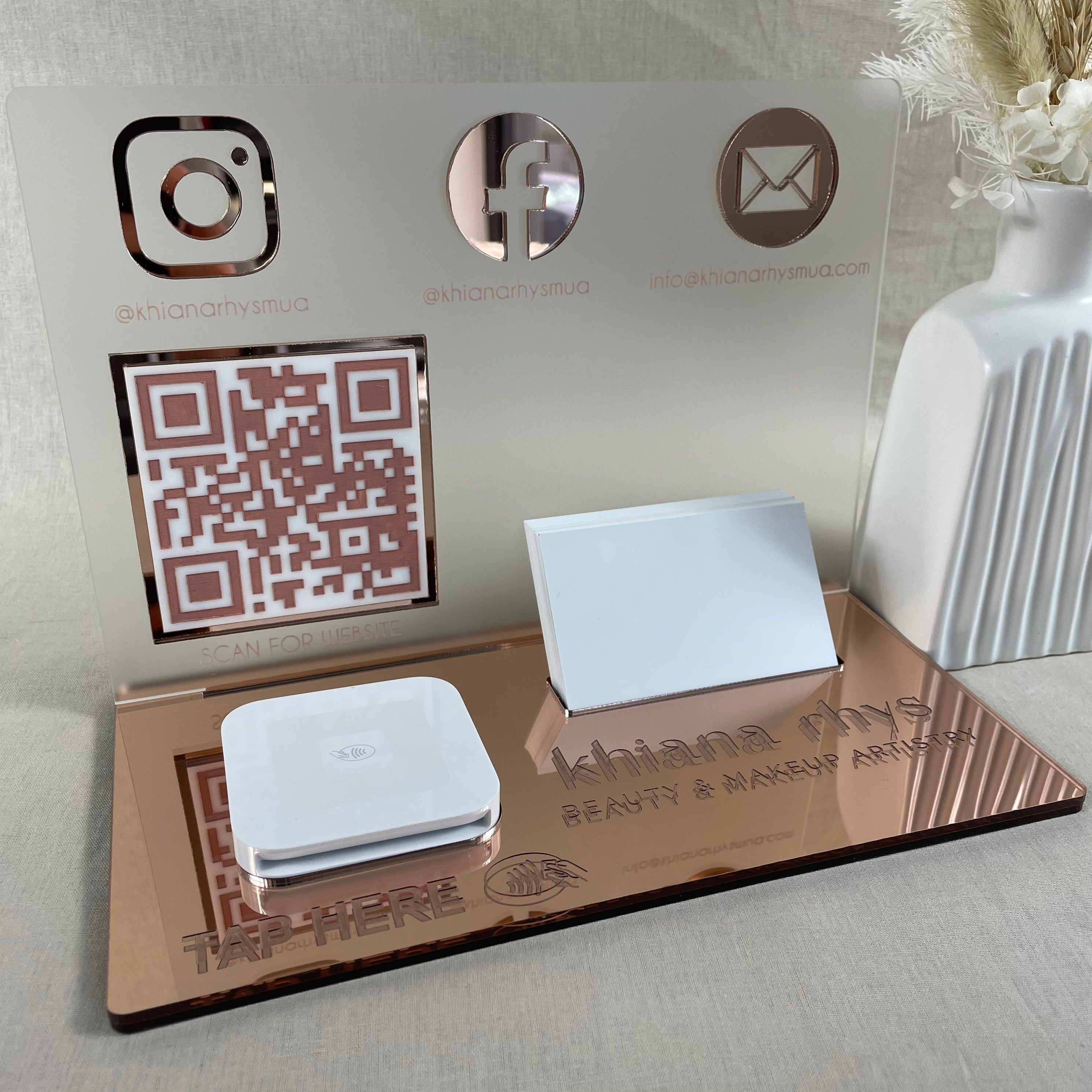 Rose gold acrylic Square reader holder with QR code and logo