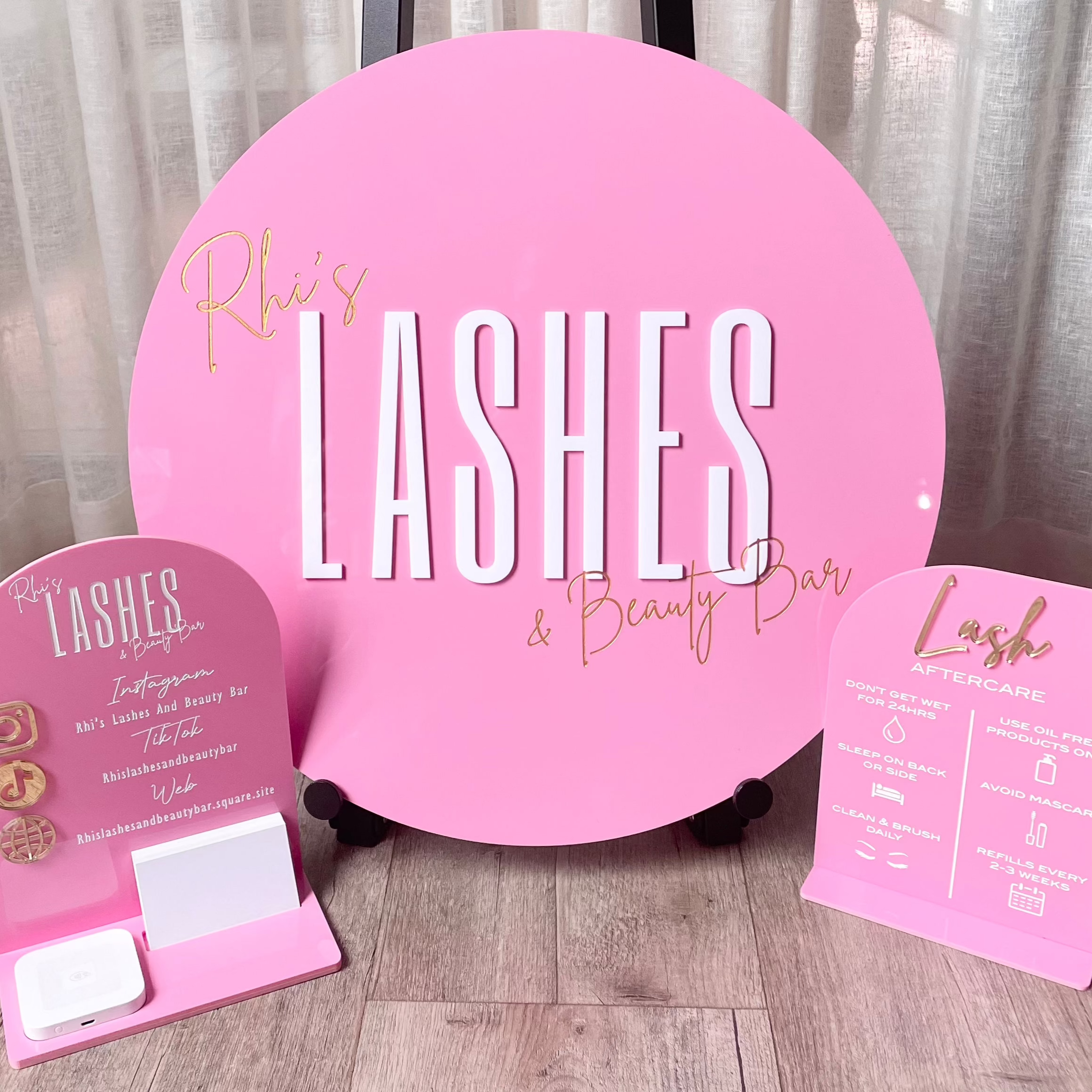 LASHES pink salon sign bundle with branded desk displays