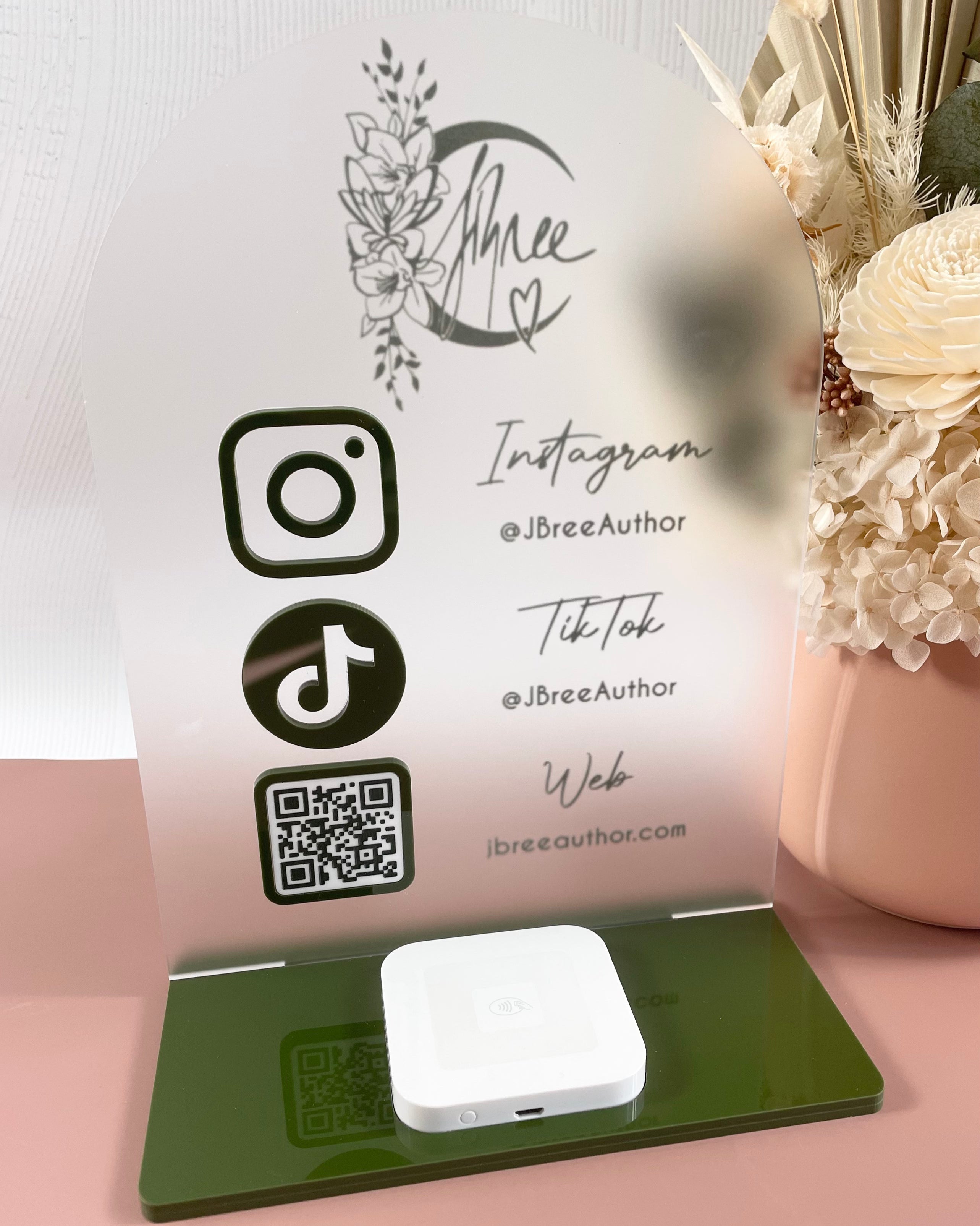 Custom frosted acrylic social media stand with square reader holder