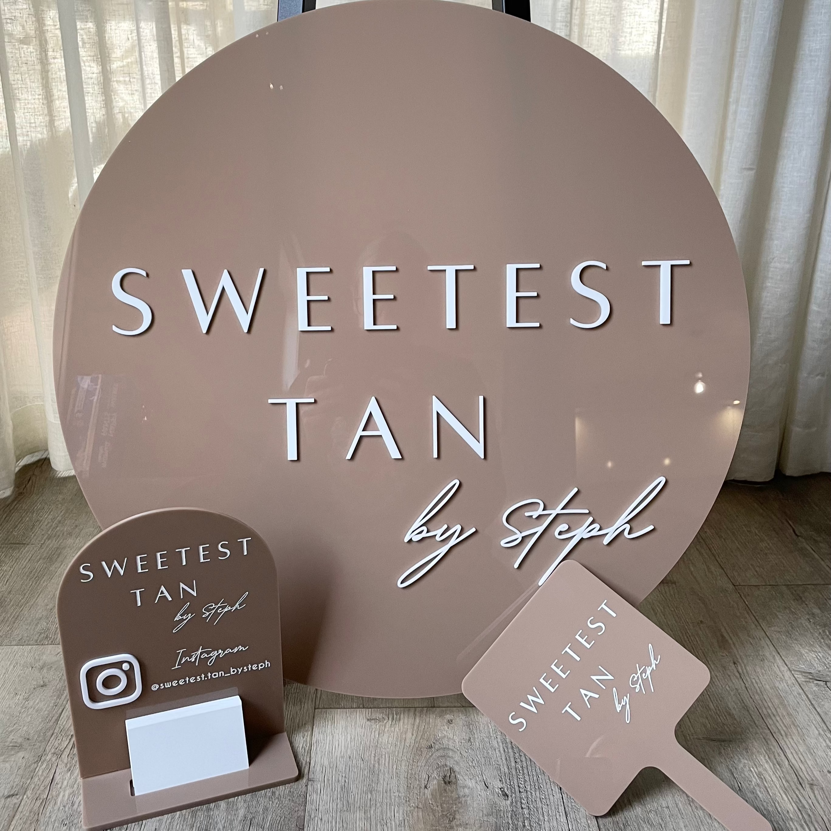 Sweetest Tan round acrylic sign bundle for tanning salons