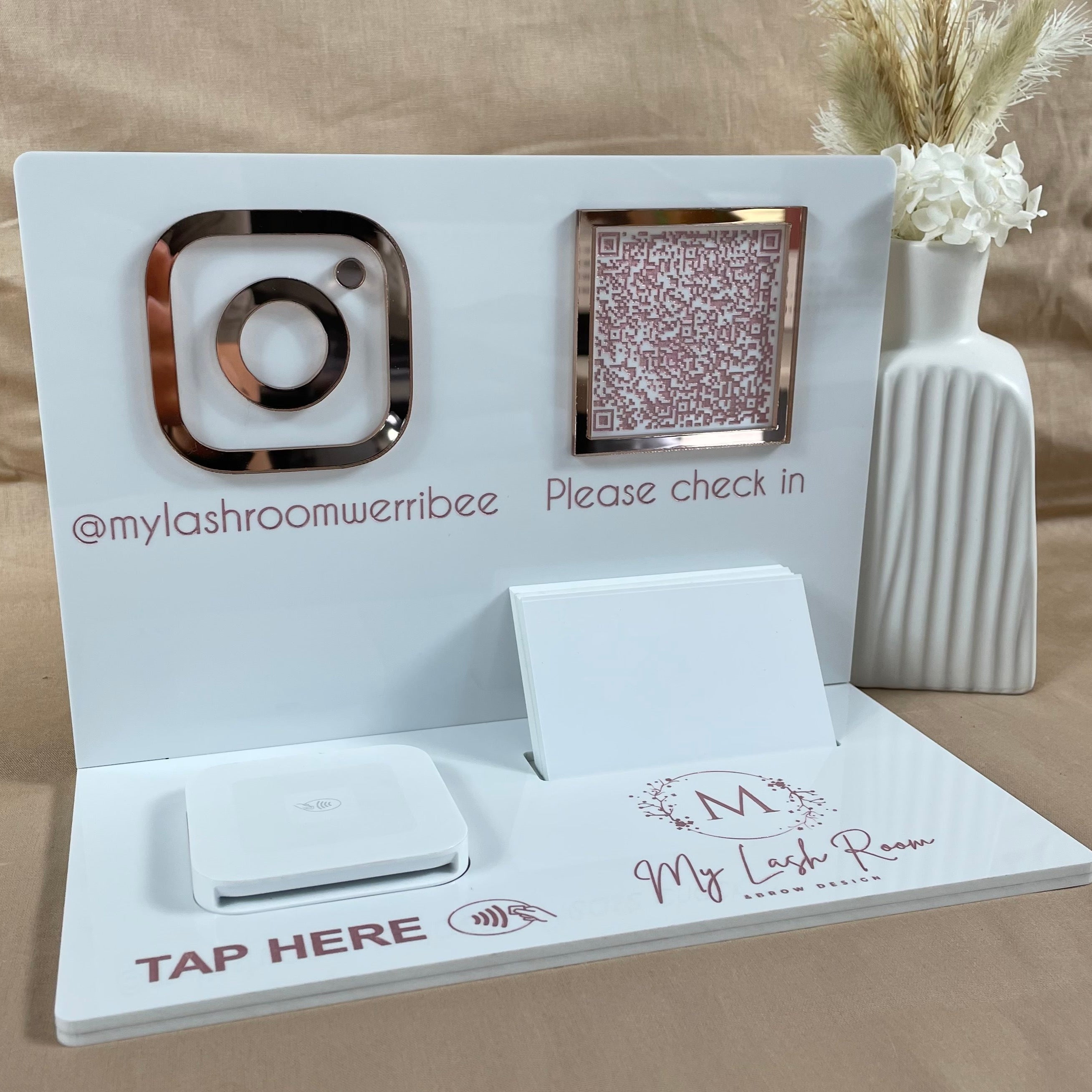 White acrylic Square reader station with gold icons and logo