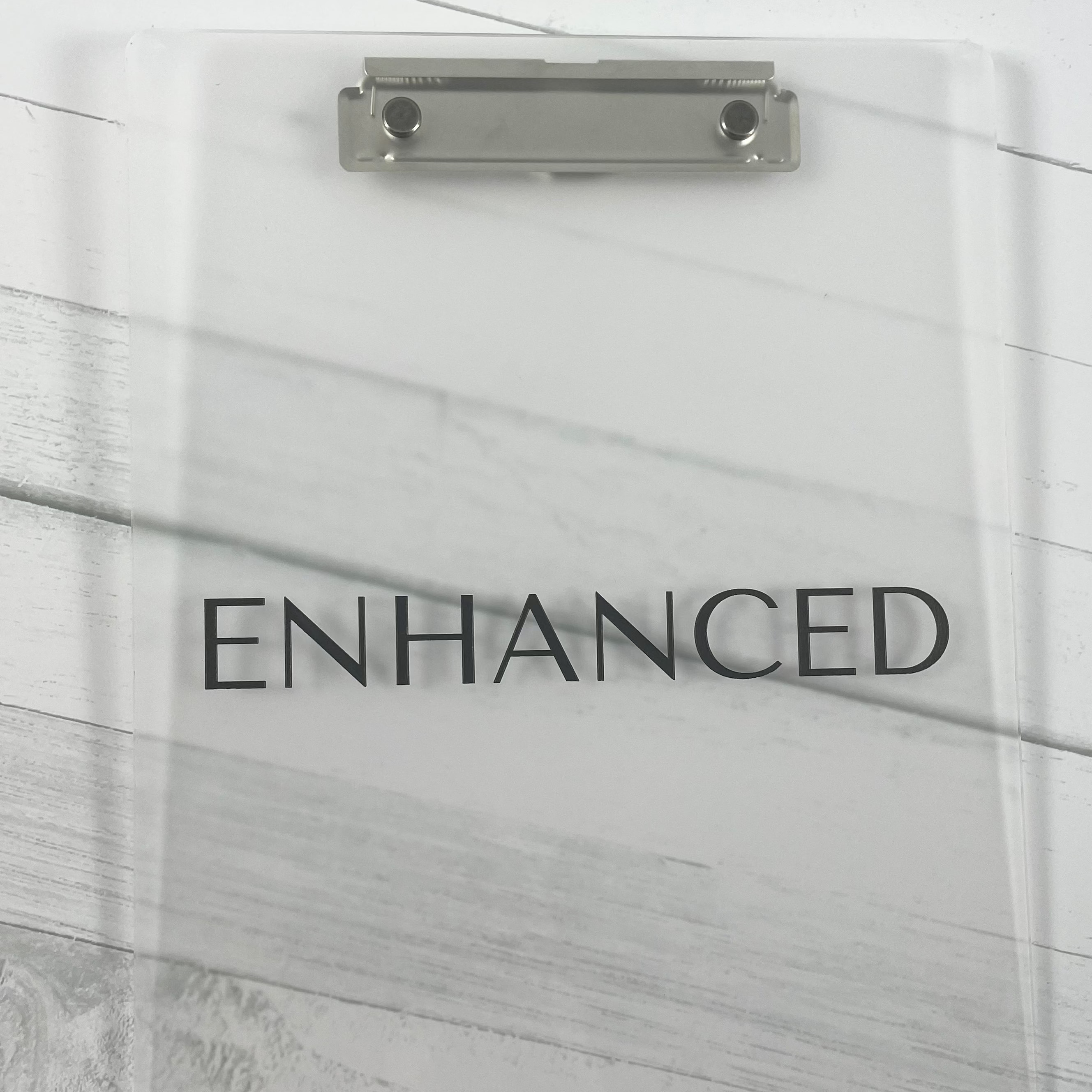 Acrylic clipboard with initials logo and gold clip