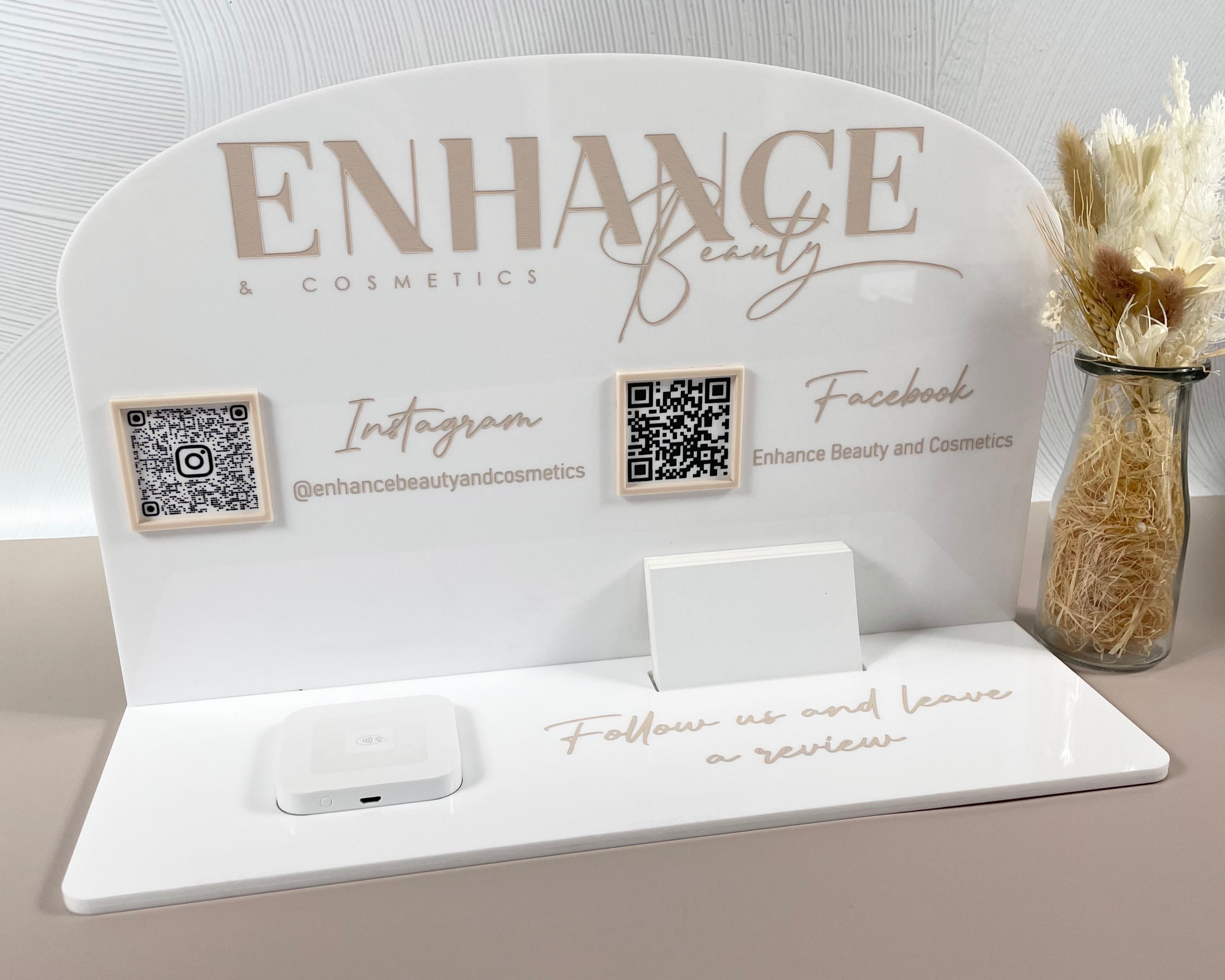 White and blush salon business stand with Square and card holders and logo display