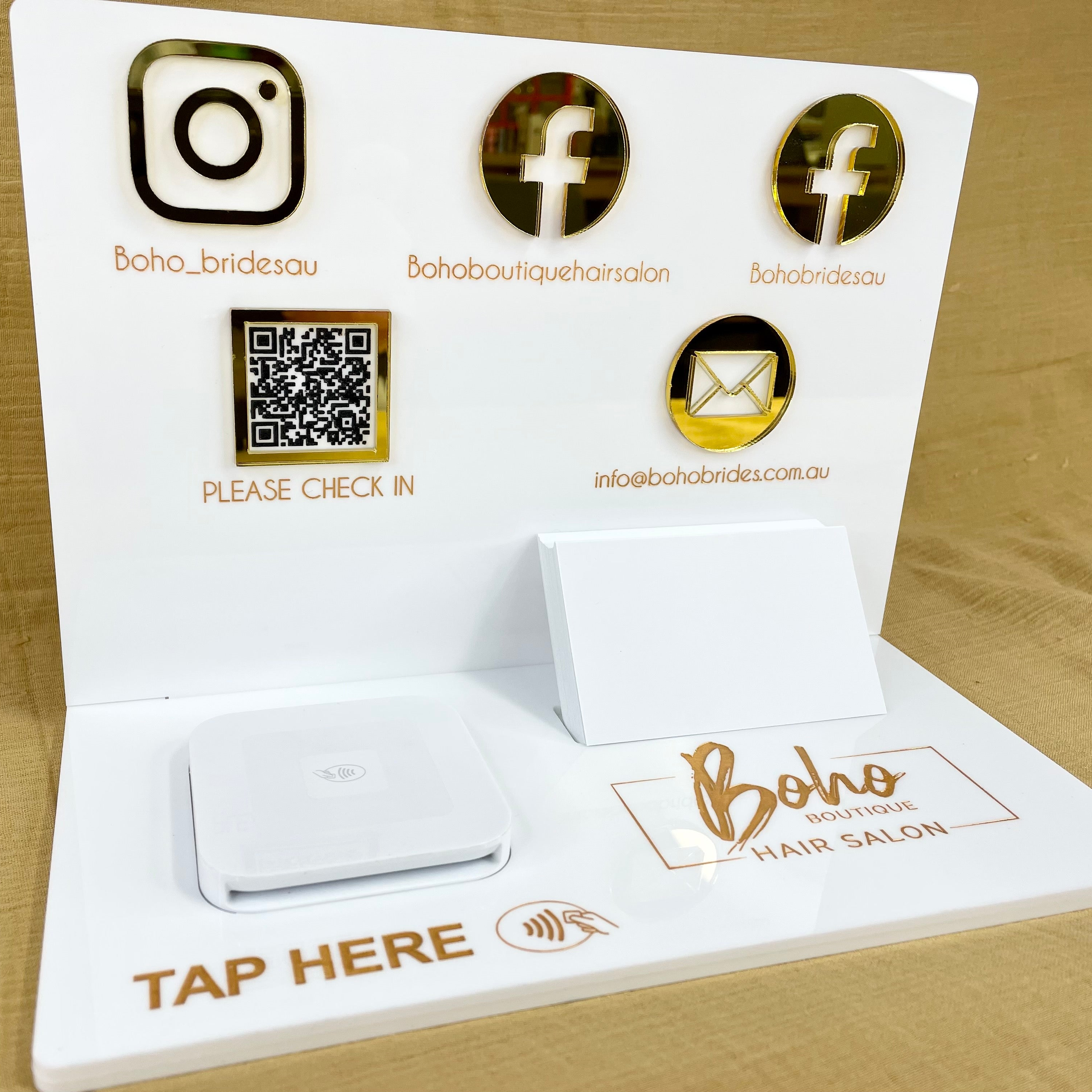 White acrylic Square reader holder with QR code and business branding
