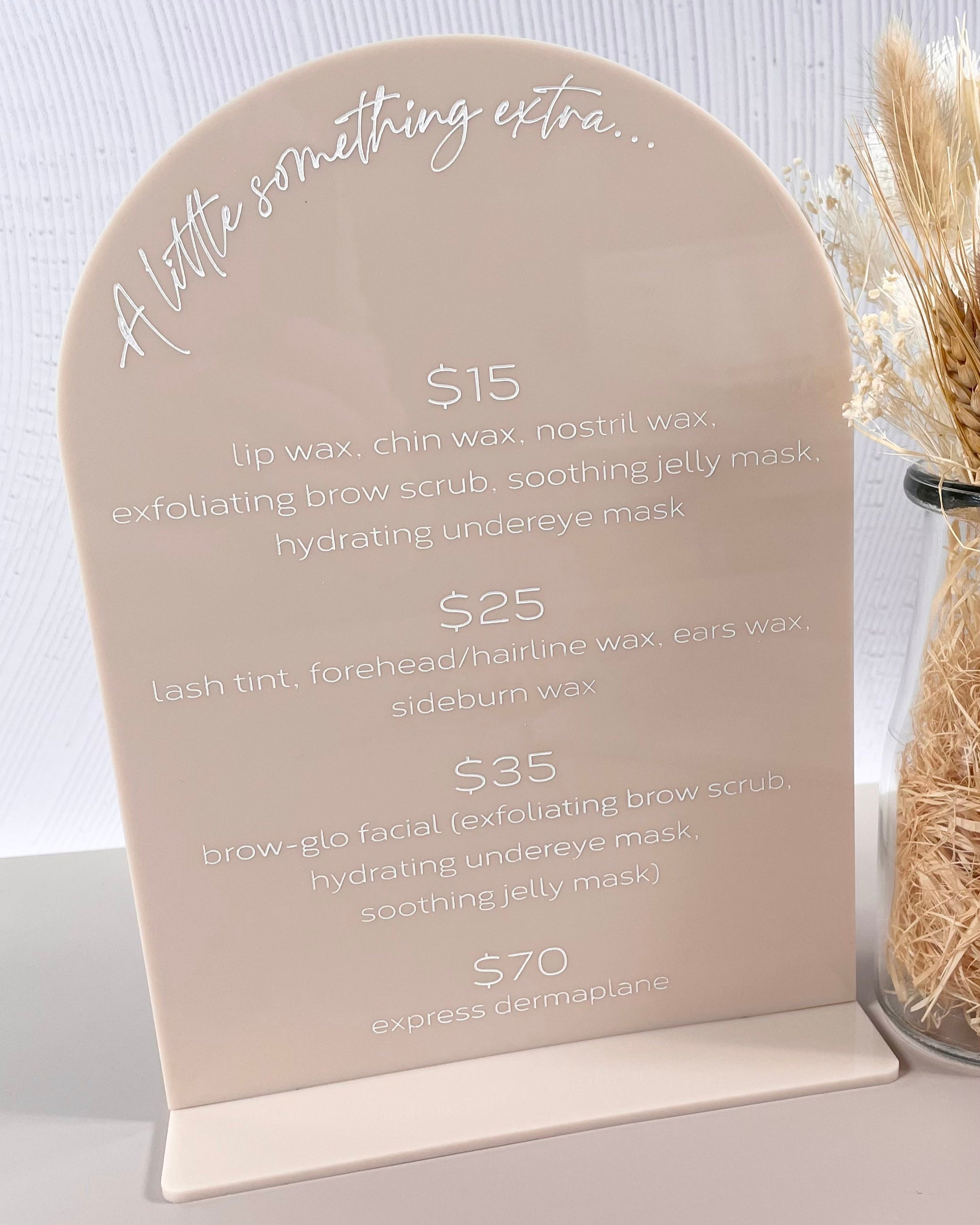 Rounded edge acrylic price list for skincare or beauty treatment business