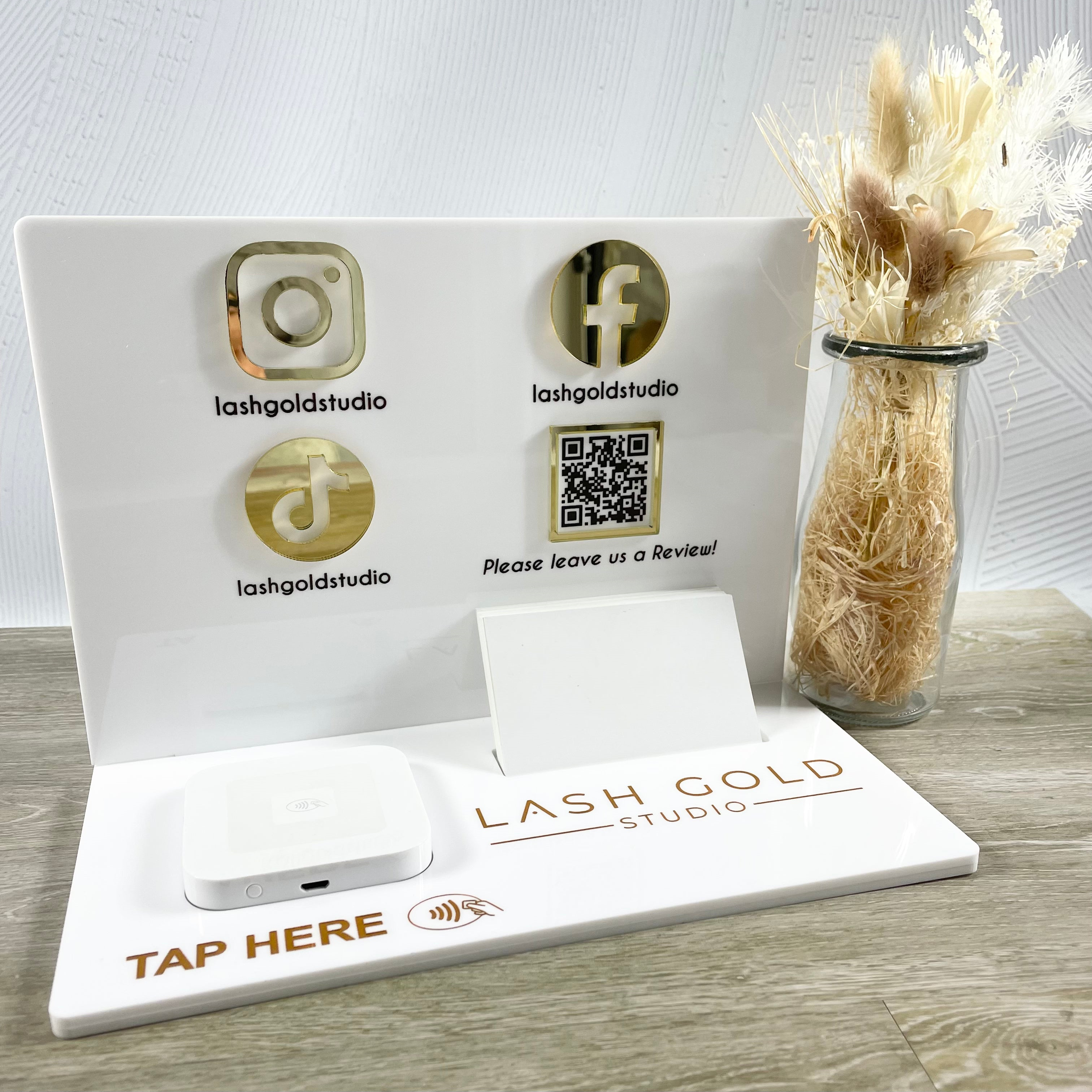 White acrylic Square reader stand with gold social icons