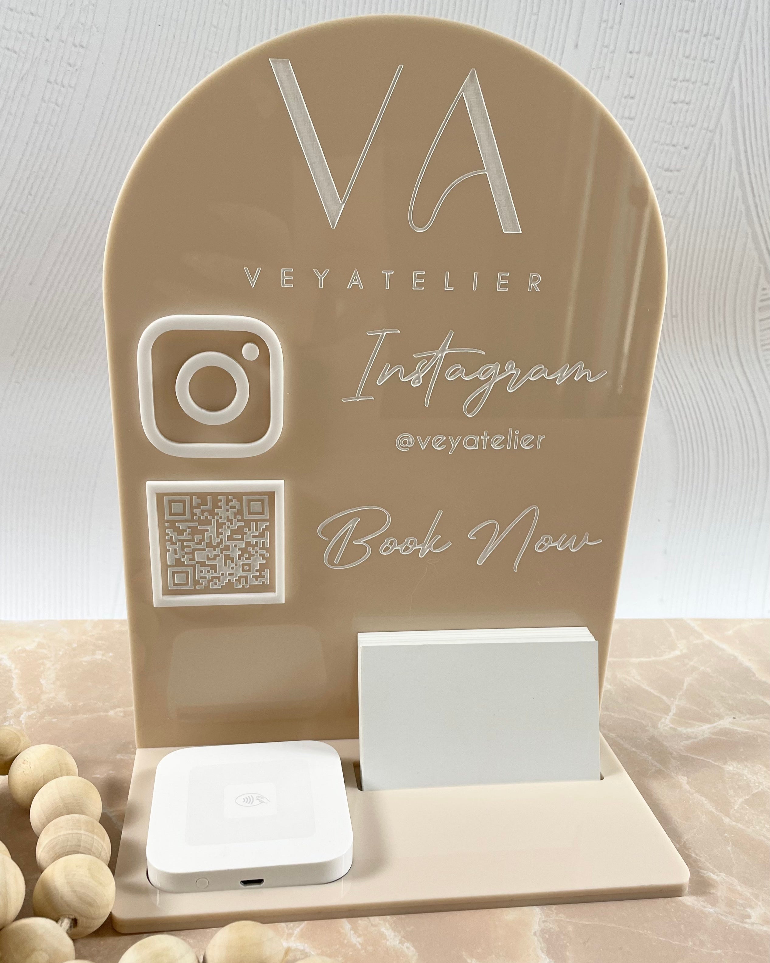 Personalised display stand with Instagram icons and card holder