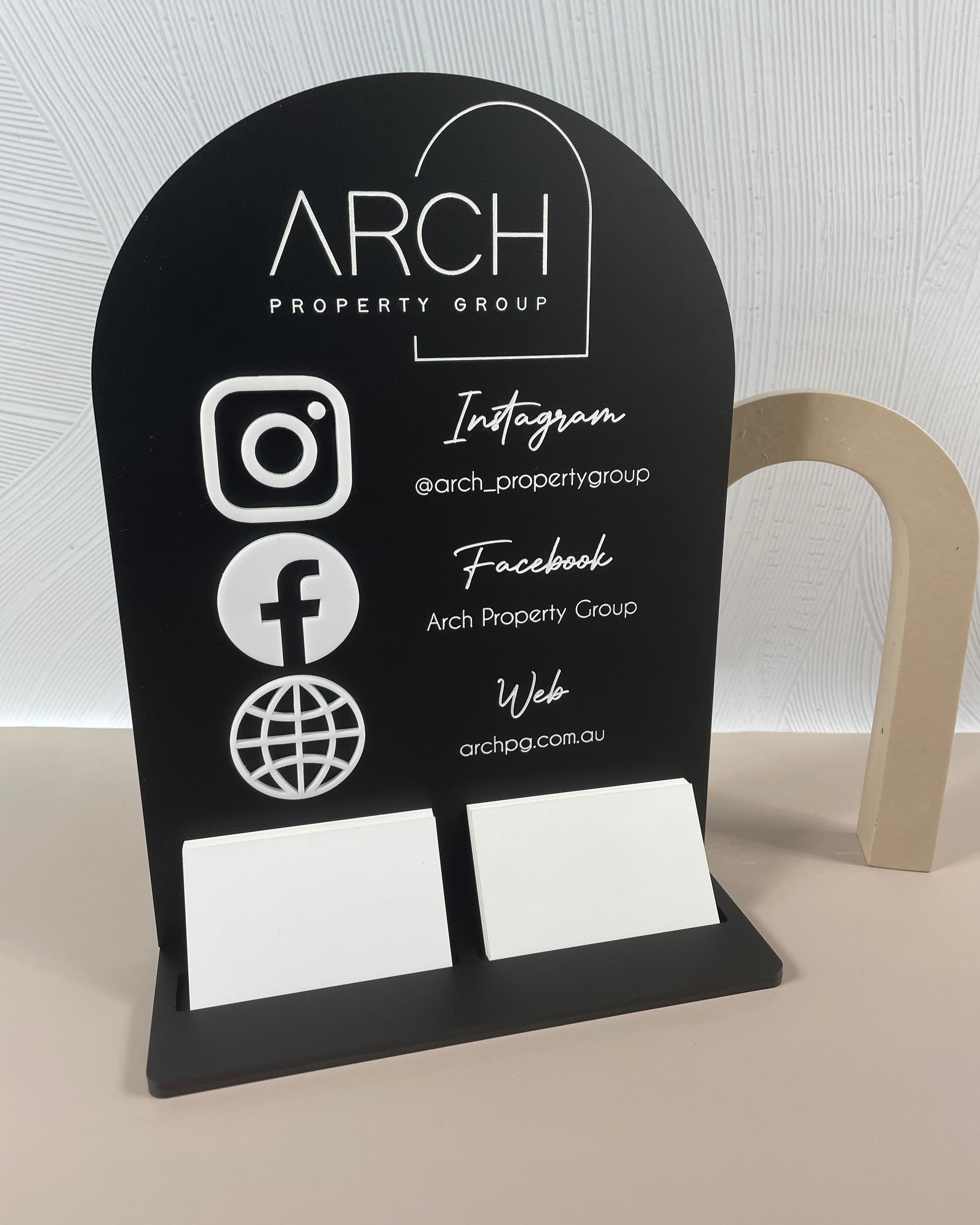 Black double card holder with Arch Brows branding and stacked social icons