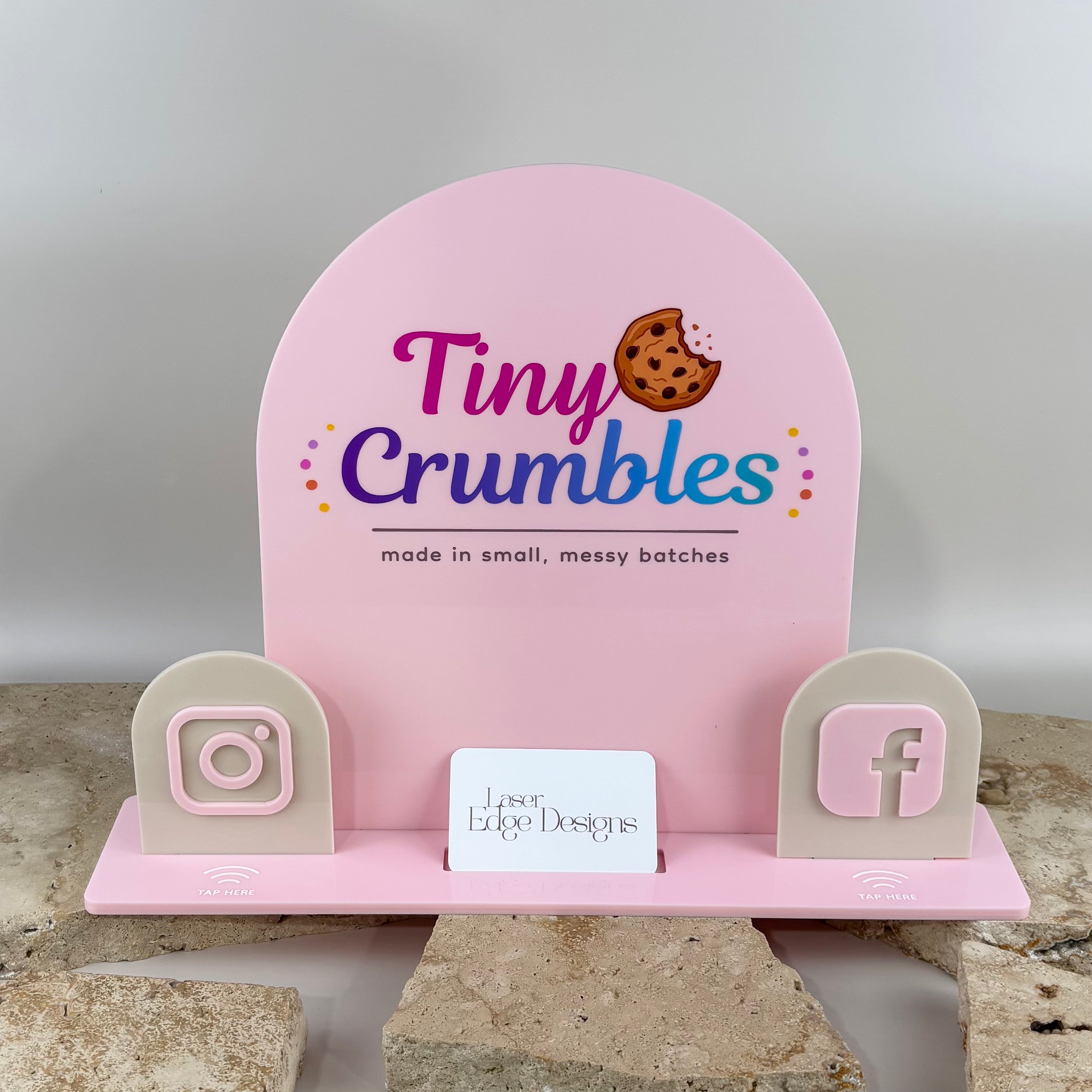 Custom NFC social media business stand with Instagram and Facebook tap points, business card holder and personalised branded arch, designed for counters, market stalls, salons and retail displays.