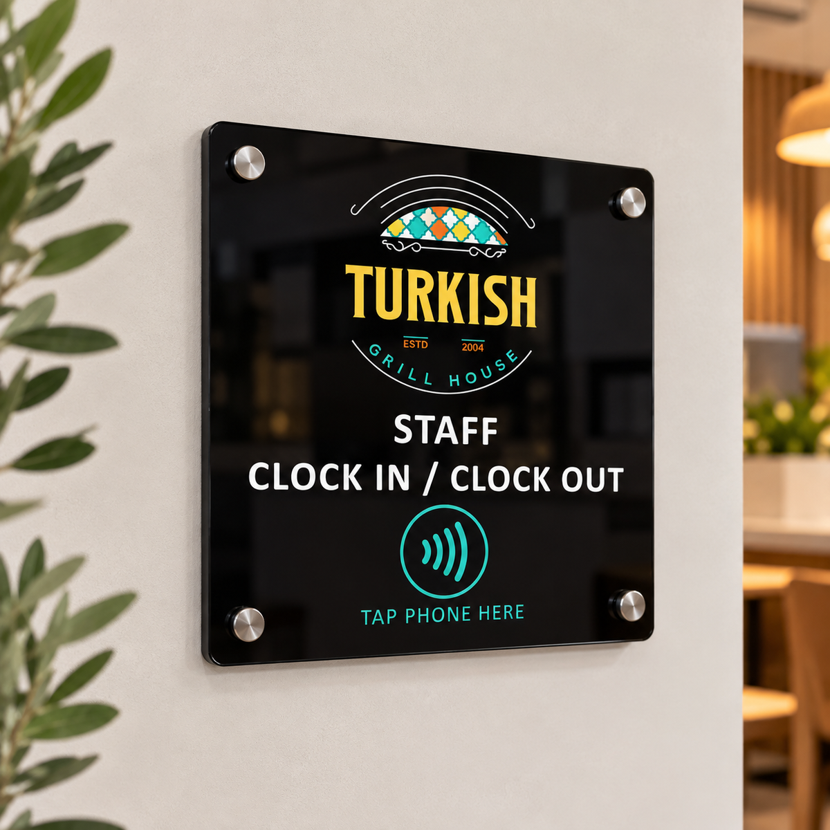 Custom wall-mounted NFC staff clock-in and clock-out sign for a restaurant, featuring a tap-phone contactless icon and branded acrylic panel.