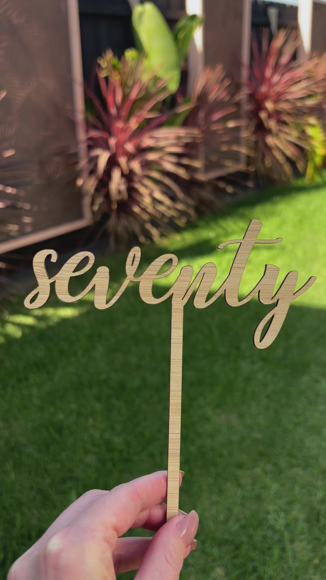 Seventy bamboo birthday cake topper laser cut eco-friendly design. Video