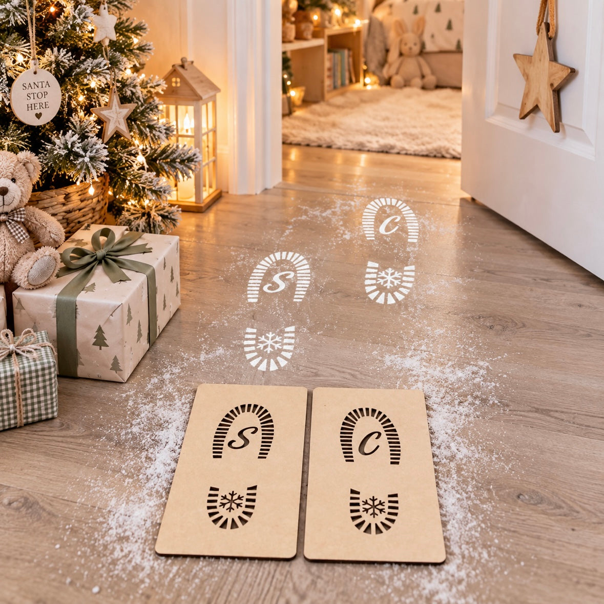 Personalised Santa footprint Christmas stencils with custom initials and snowflake designs, creating festive snowy footprints in a light modern Christmas setting.