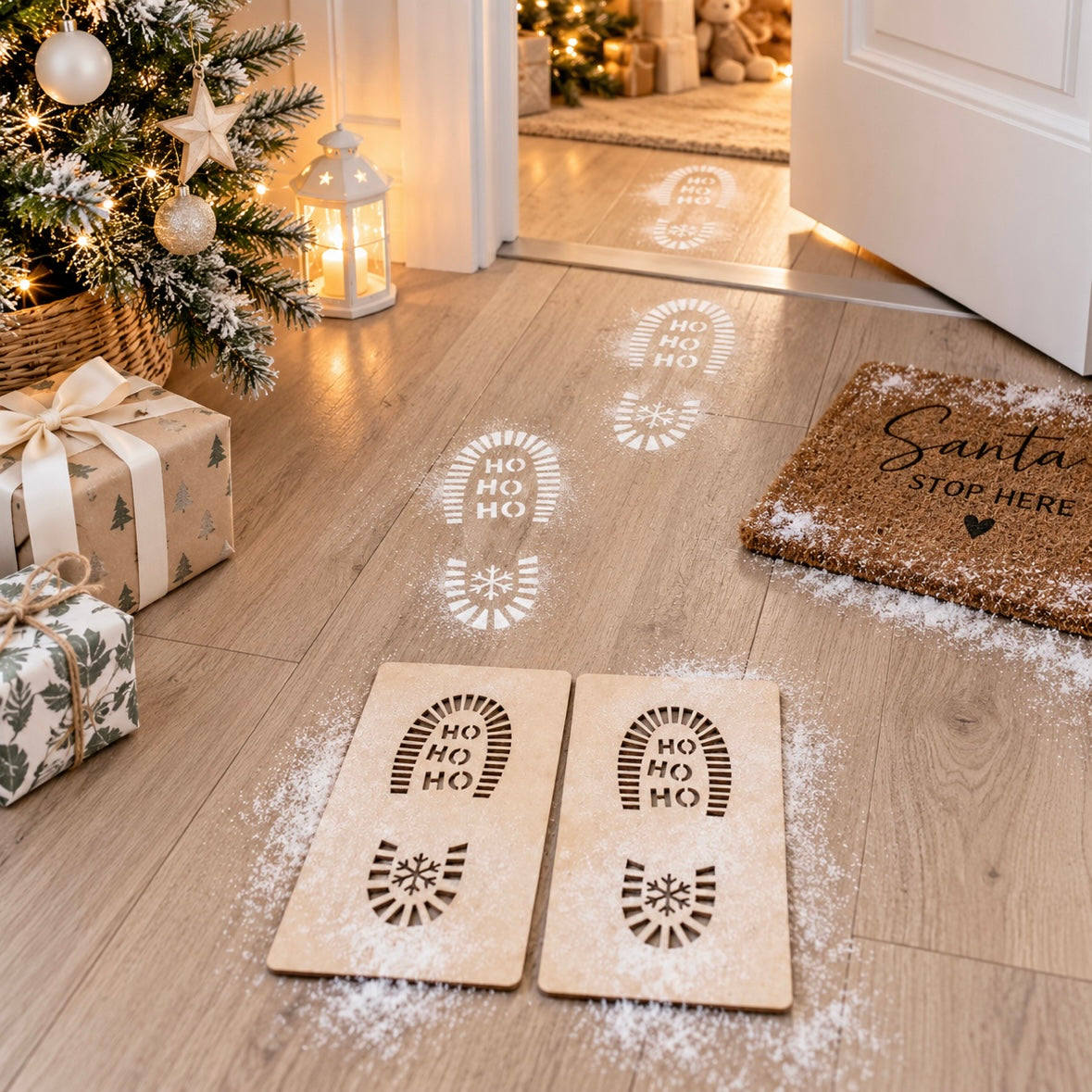 Santa boot print Christmas stencils with Ho Ho Ho and snowflake designs, creating festive Santa footprints through a light modern Christmas setting.