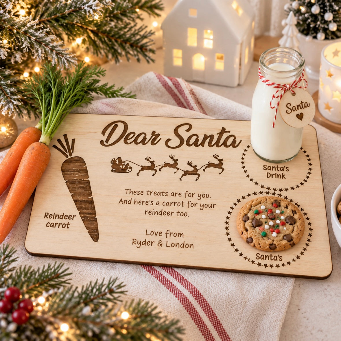 Personalised 3mm laser cut wooden Santa treat board with engraved design and burnt edges, displayed with milk, a cookie and carrots in a light modern Christmas setting.