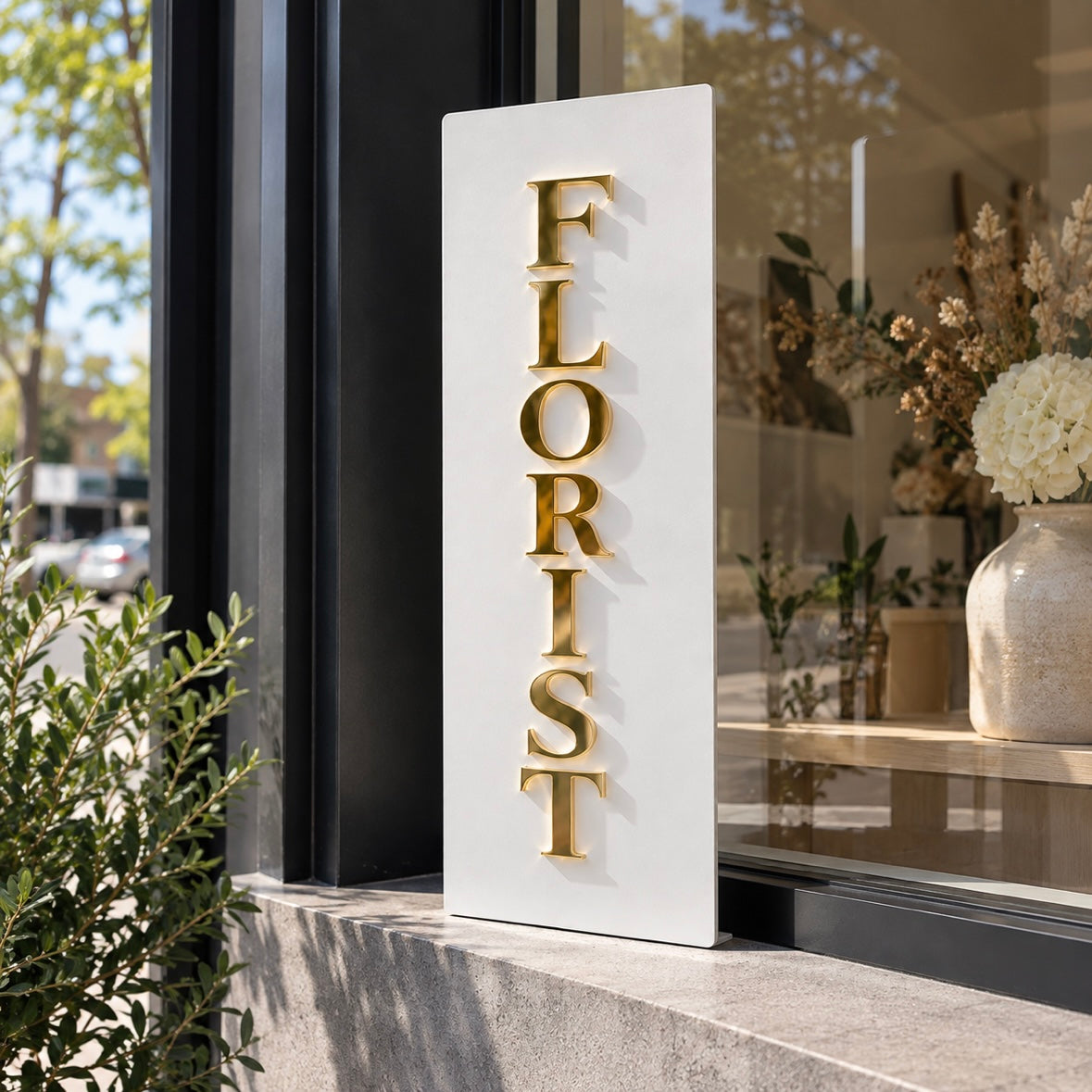 Custom 45cm florist counter sign with raised gold acrylic lettering, displayed on a modern flower shop window ledge.