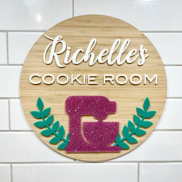 Richelles Cookie Room bamboo sign with colourful acrylic logo and cookies