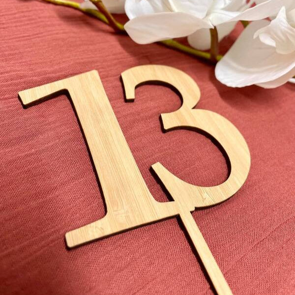 Number 13 bamboo birthday cake topper personalised laser cut