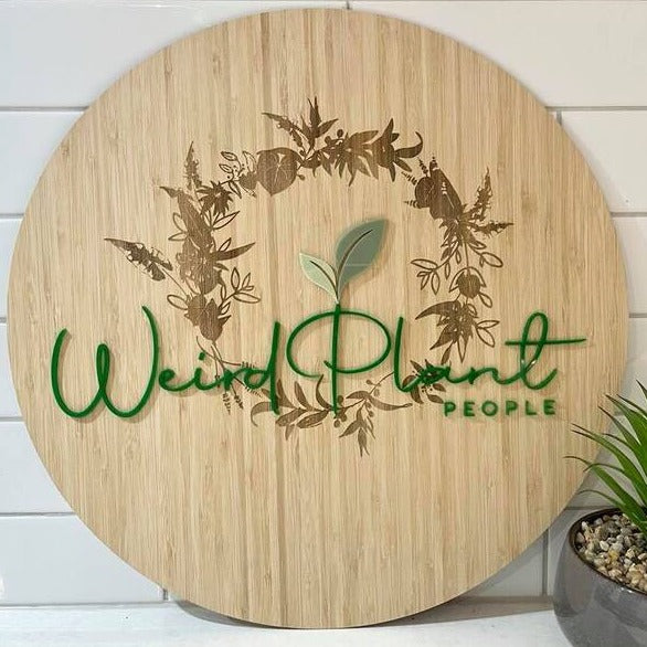 Weird Plant people bamboo sign with green acrylic leaf and plant themed text