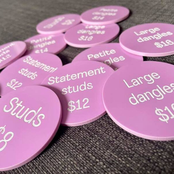 Purple acrylic price discs engraved with stud earring pricing